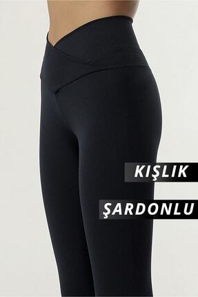 Kadın Fitilli Şardonlu, Içi Polarlı Yüksek Bel Toparlayıcı Siyah Çapraz Bel Tayt Image 0