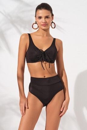 Siyah Melt Toparlayıcı Sürgülü Bağcık Detaylı Yüksek Bel Bikini Takımı Tüllü Korse Balenli Image 0