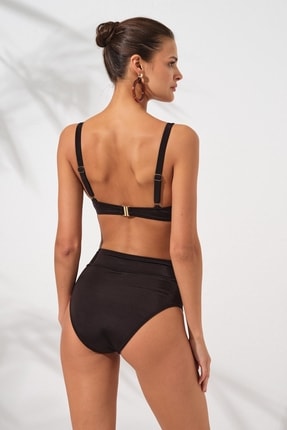 Siyah Melt Toparlayıcı Sürgülü Bağcık Detaylı Yüksek Bel Bikini Takımı Tüllü Korse Balenli Image 1