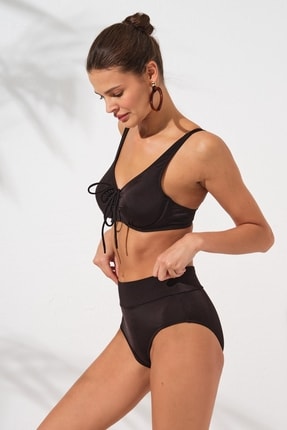 Siyah Melt Toparlayıcı Sürgülü Bağcık Detaylı Yüksek Bel Bikini Takımı Tüllü Korse Balenli Image 3