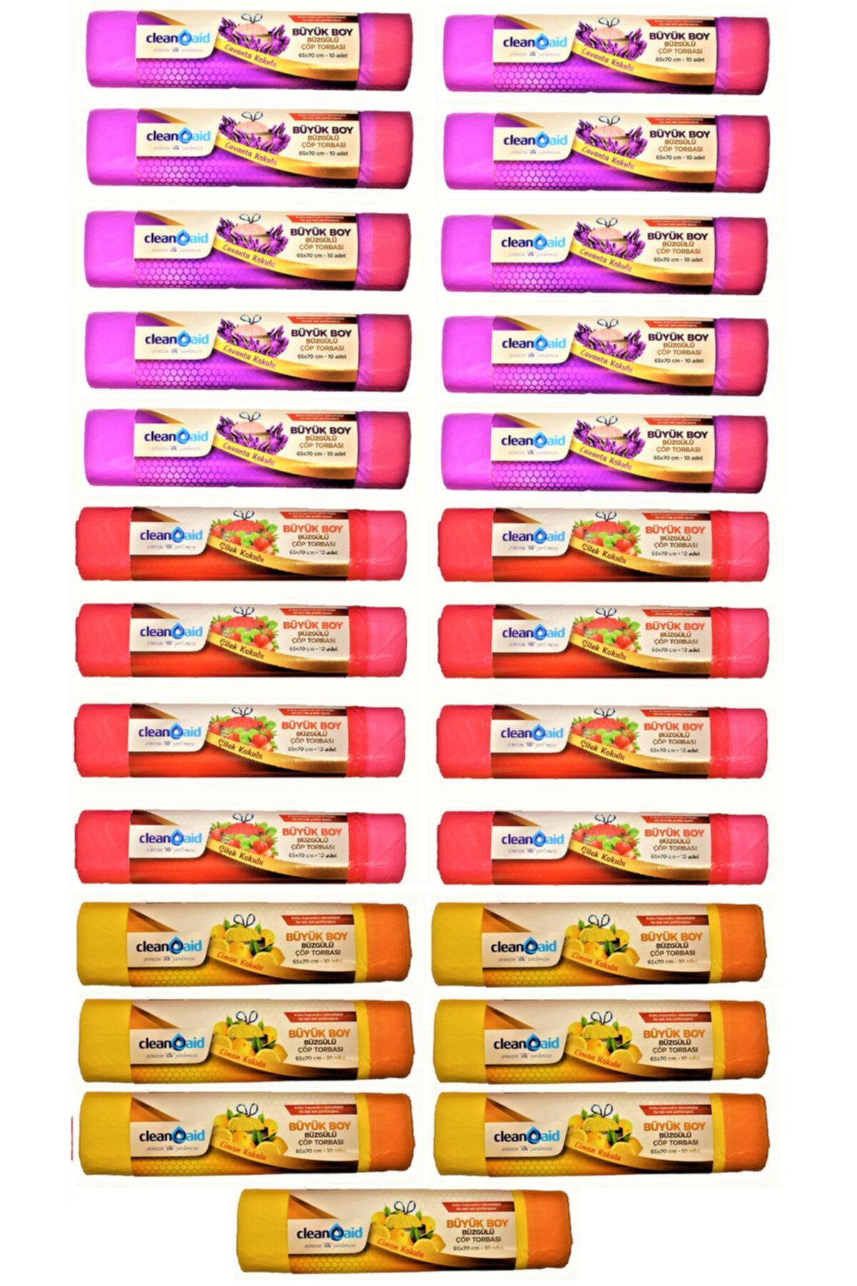 Clean Aid 25 X Büzgülü Karışık Kokulu Büyük Boy Çöp Torbası / Poşeti 250 Adet 65 X 70 Cm Çek Al Rulo
