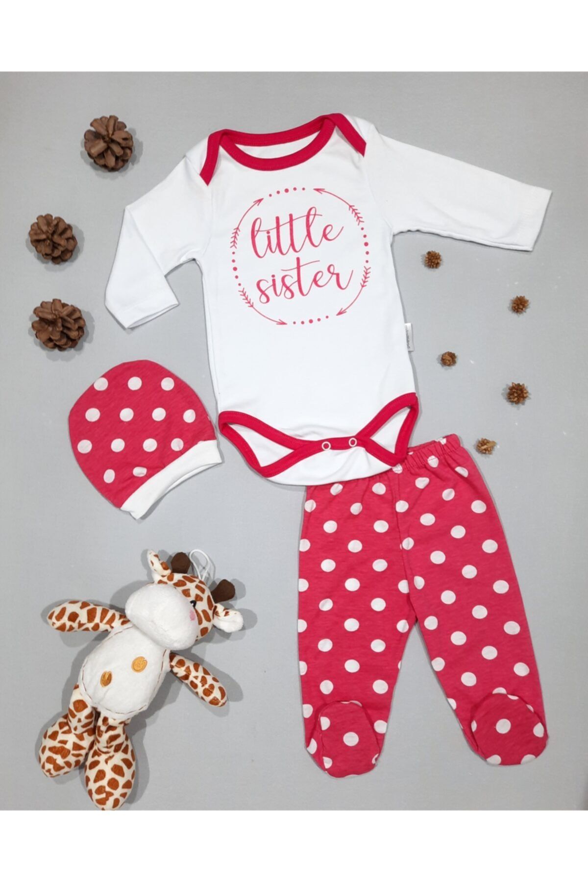 minibird baby Kız Bebek Pembe Little Sister Baskılı Puantiyeli  Zıbın Takımı 3'lü