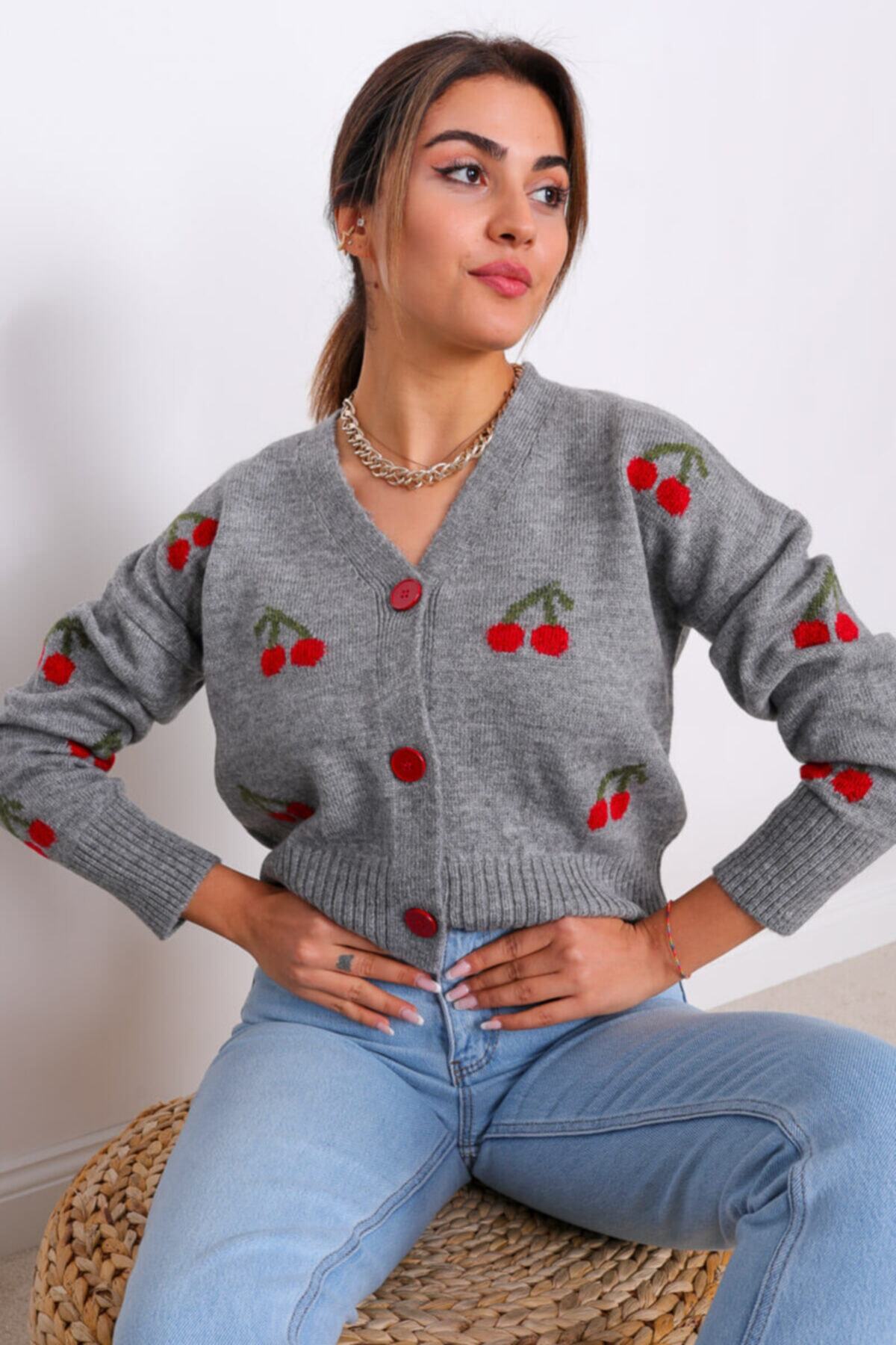 favoristore Kiraz Desenli Hırka