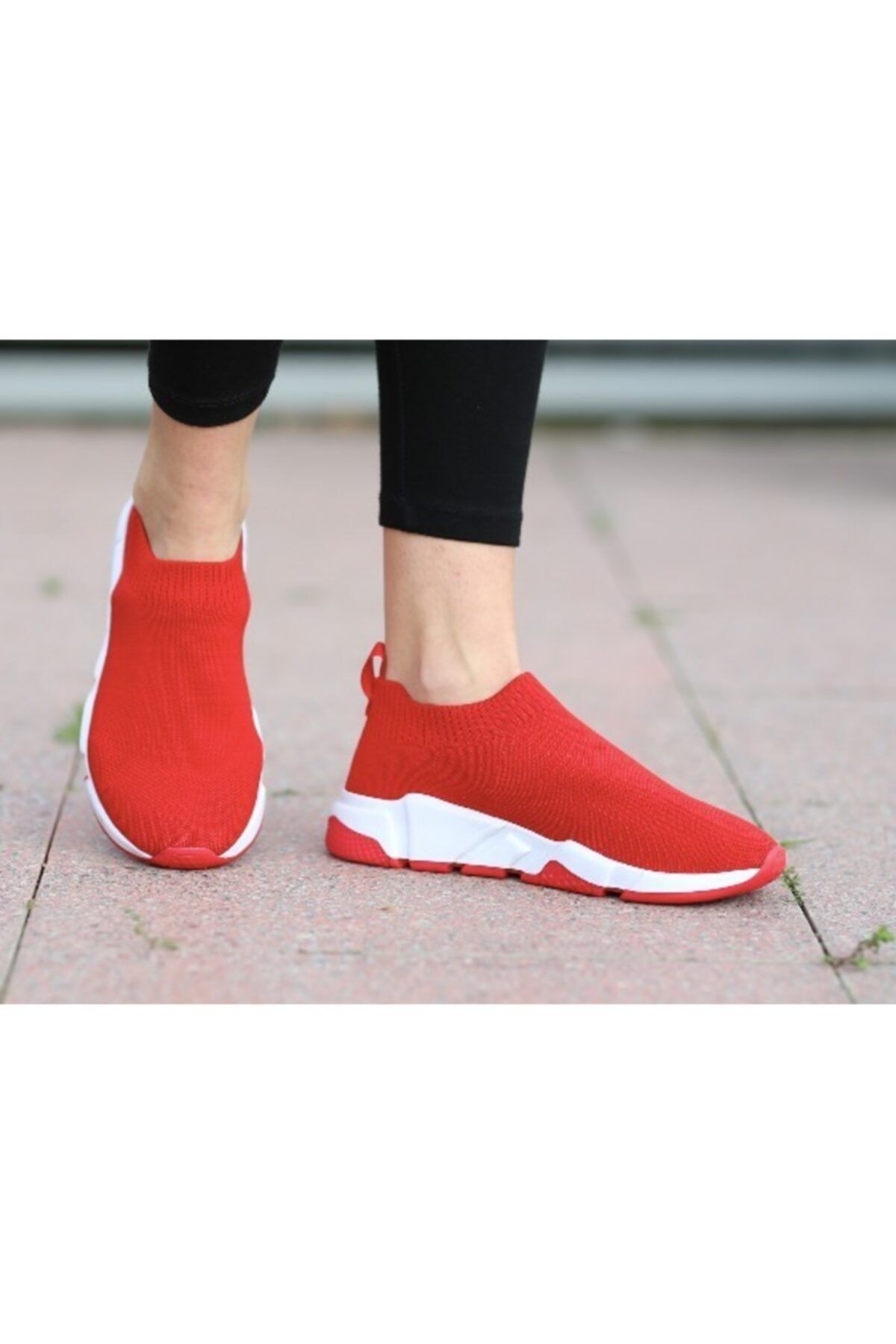 MİRKET Kadın Kırmızı Kısa Çoraplı Yüksek Taban Triko Sneakers Spor Ayakkabı