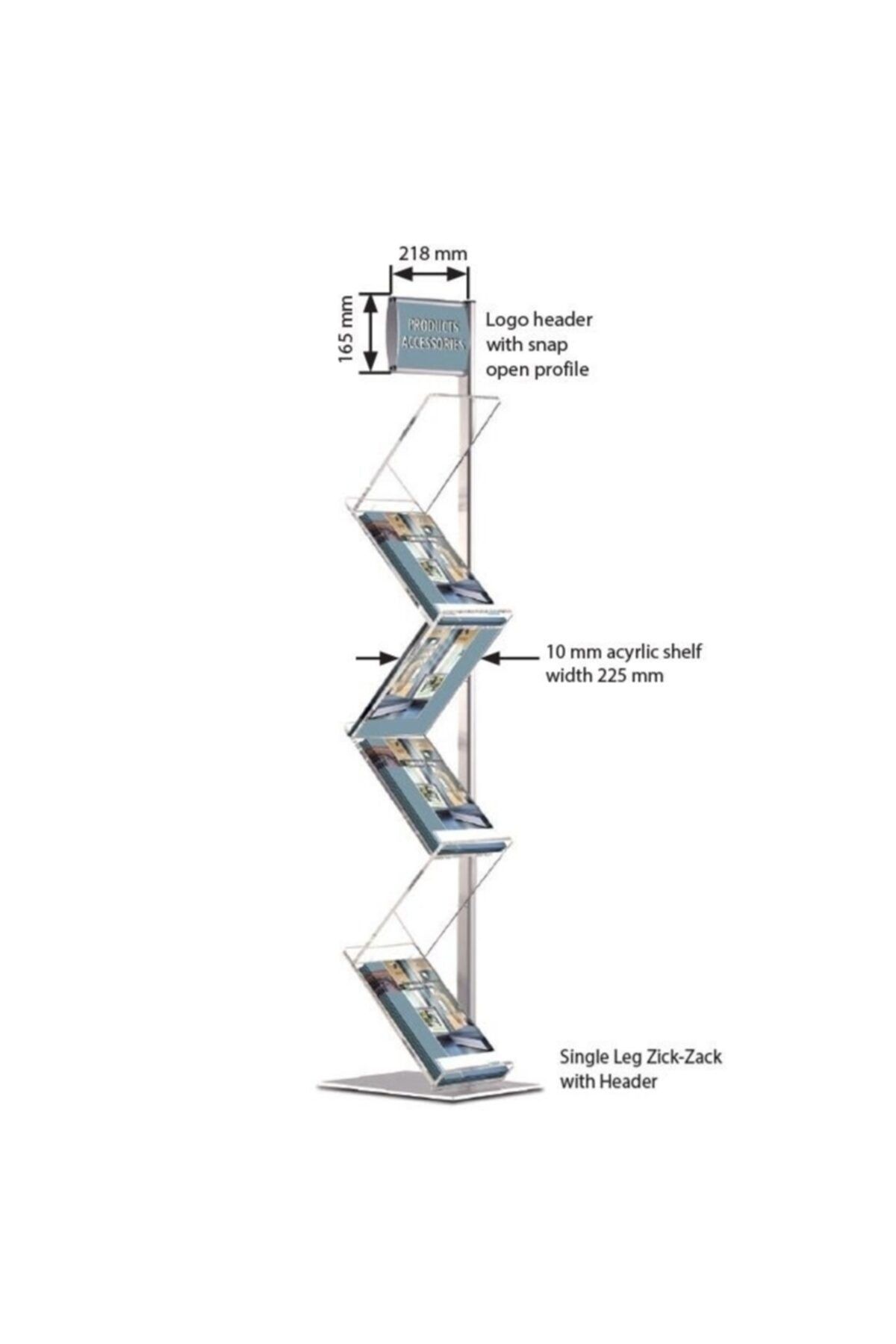 DENGE Akrilik Zig Zag Broşürlük Tek Ayaklı Alınlıklı Broşür Standı