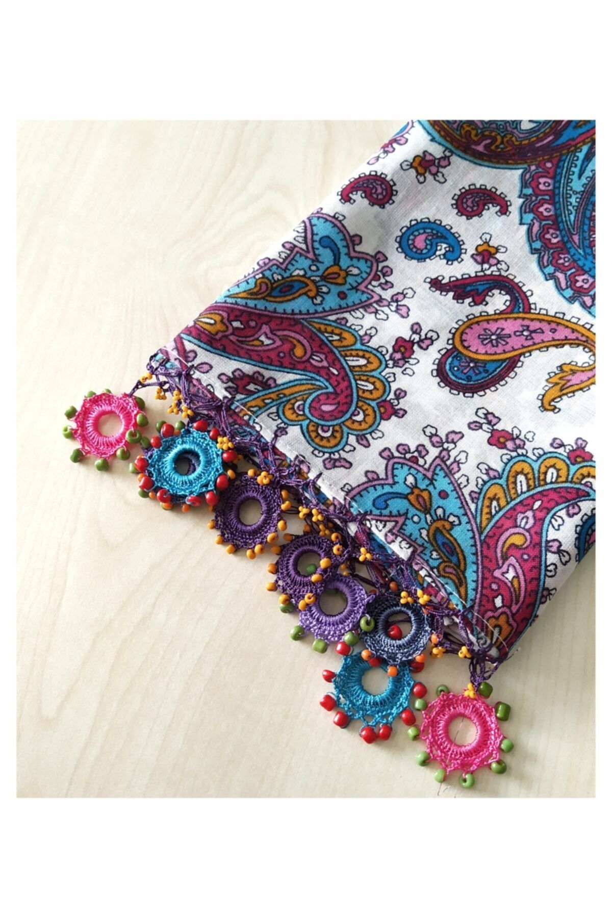 Pötikare Butik Atölye Pamuklu Oyalı Yazma Beyaz Uzun Fular Şal Saç Bandı