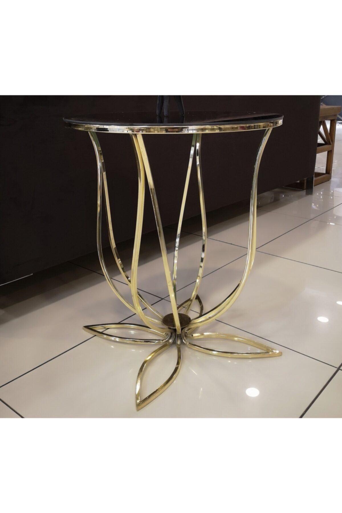 Hcstil Metal Ayak Lale Motif Gold Yan Sehpa