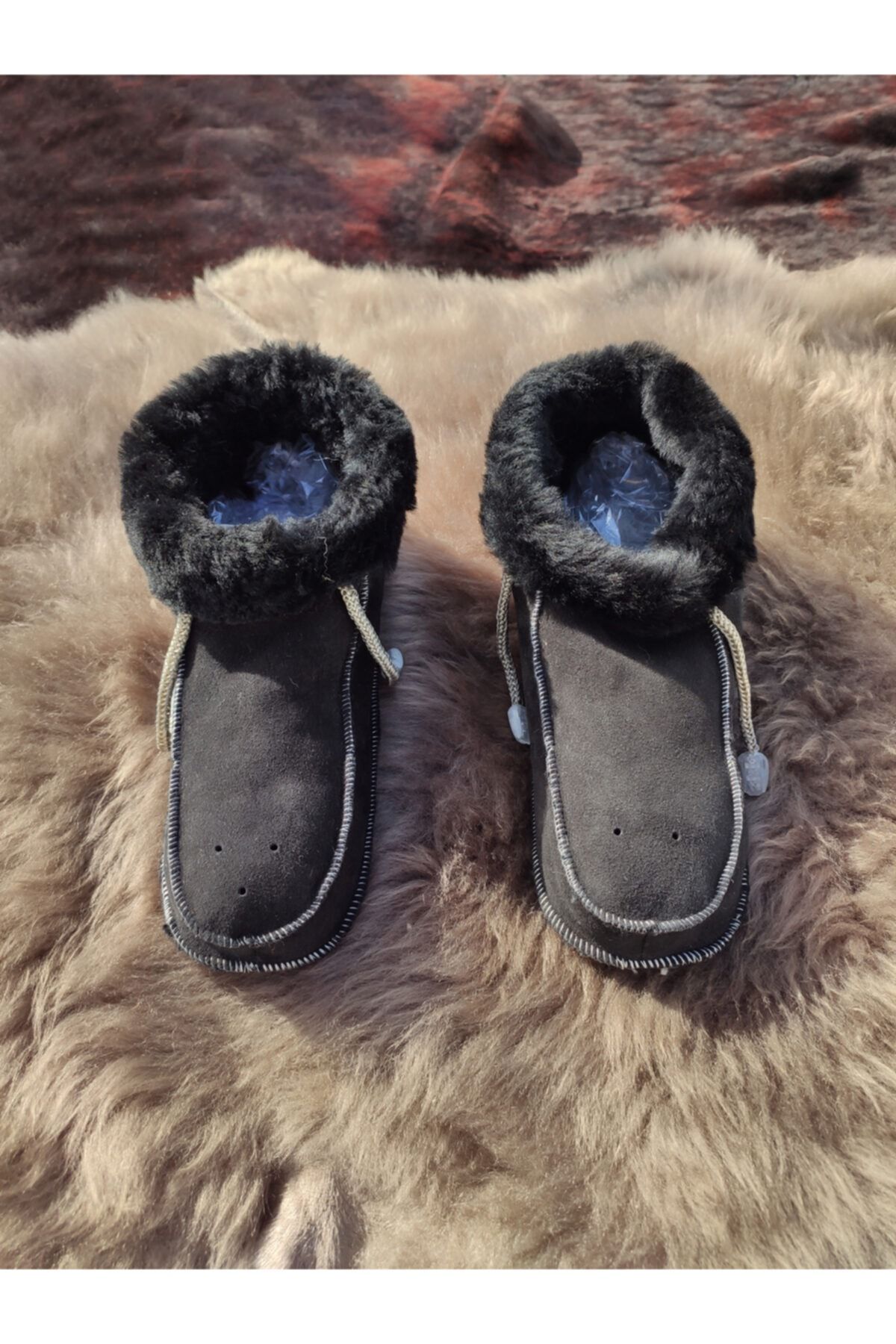 DERİHOME Unisex Siyah Içi Kürklü Hakiki Deri Patik - Panduf
