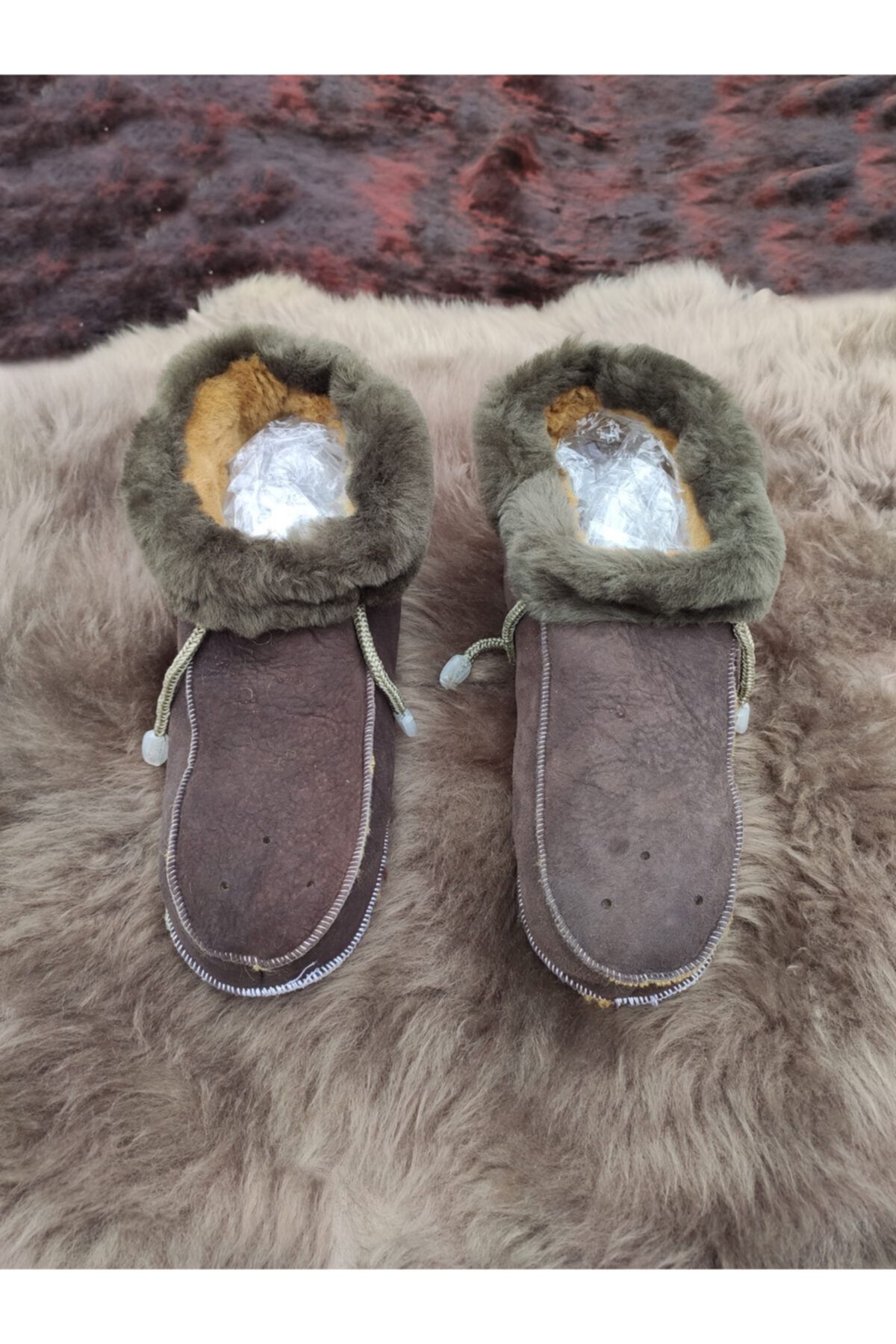 DERİHOME Derihome Unisex Haki Içi Kürklü Hakiki Deri Patik - Panduf