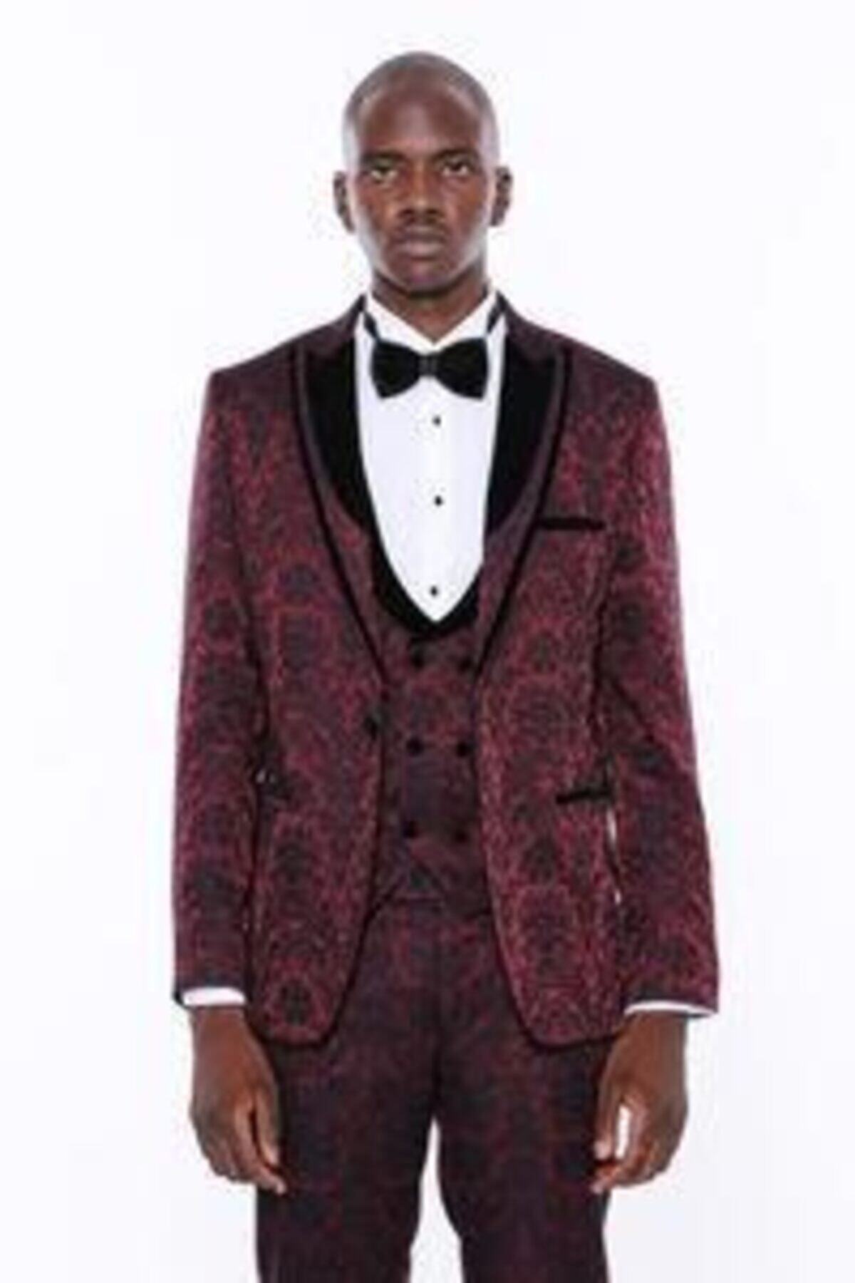 Wessi Erkek Koyu Bordo Desenli Yelekli Slim Fit Takım Elbise
