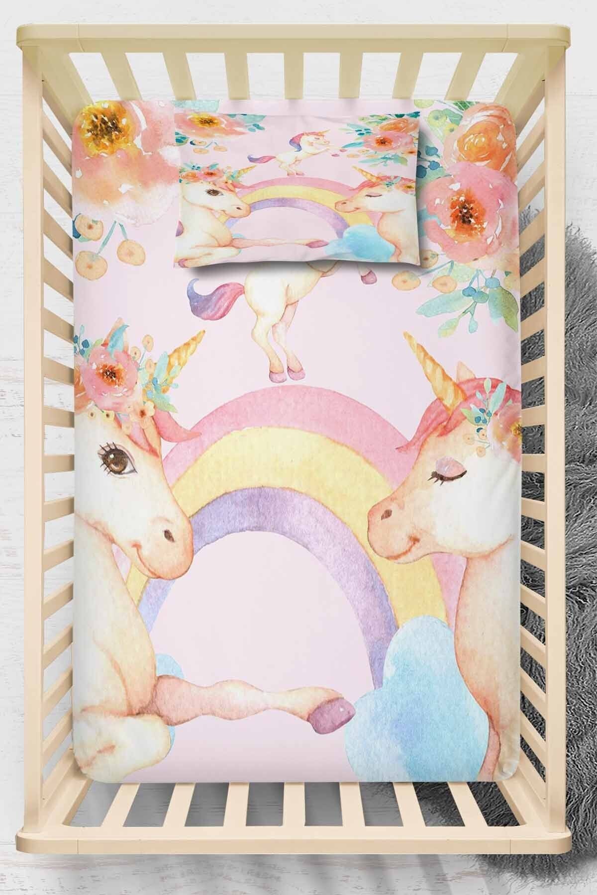 Else Halı Pembe Unicorn Atlı Çiçekli 3d Desenli Lastikli Bebek Çarşaf Takımı 70x140 cm