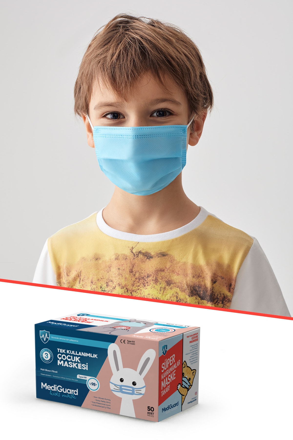 MediGuard Çocuk Mavi  Tıp2r Meltblown 3 Katlı Cerrahi Maskesi 50 Adet