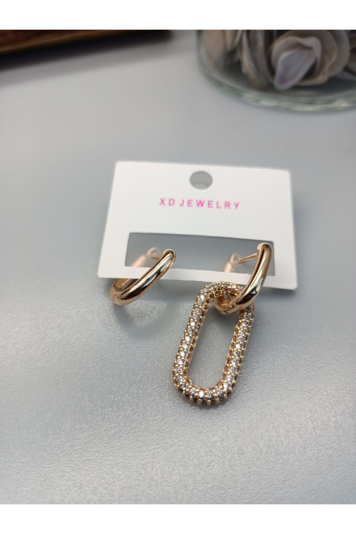 KARLİKO Gold Zirkon Taşlı Oval Küpe