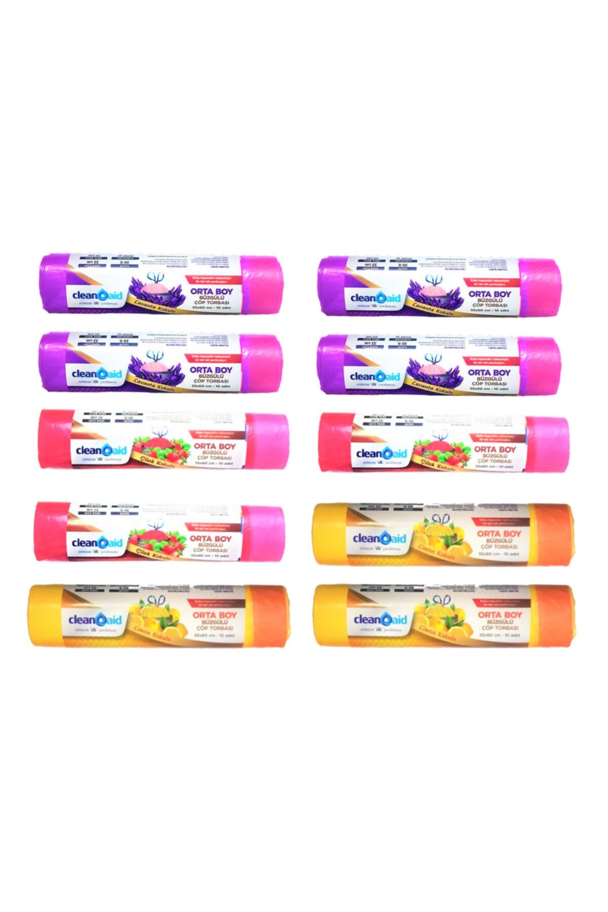 Clean Aid Renkli Büzgülü Karışık Kokulu Orta Boy Çöp Torbası 100 Adet 55x60cm