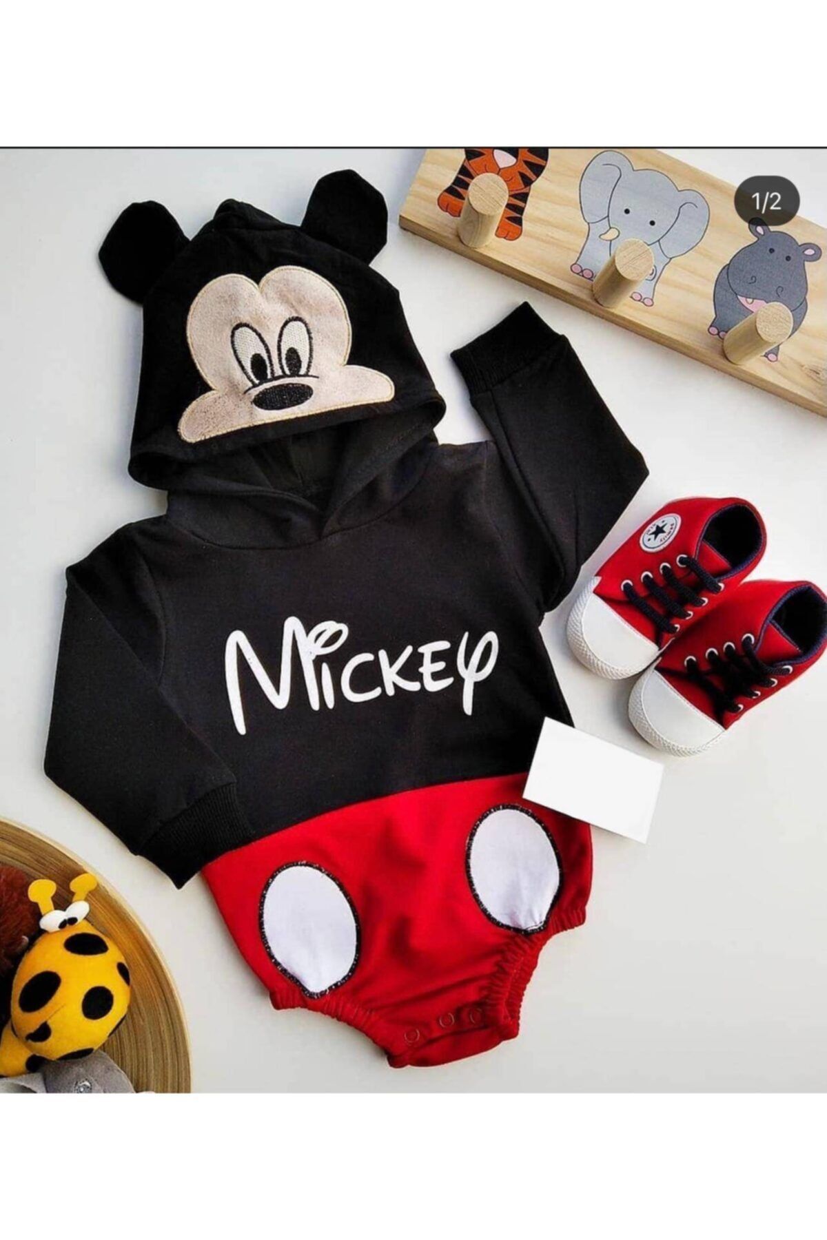 Beren Kids Bebek Siyah Mickey Desenli Kapüşonlu Tulum