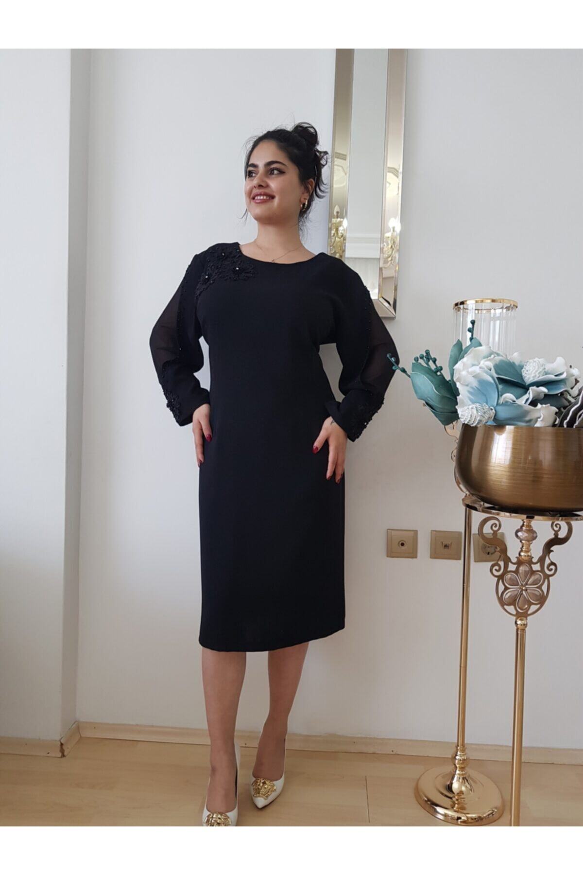 FERGAN Kadın Siyah Nakış Işleme Büyük Beden Abiye Elbise