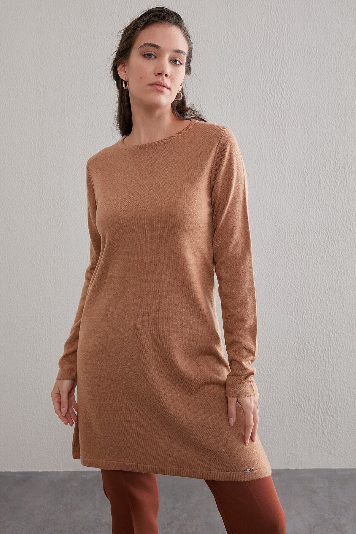Kayra Kadın Bej Basic Sıfır Yaka Triko Tunik