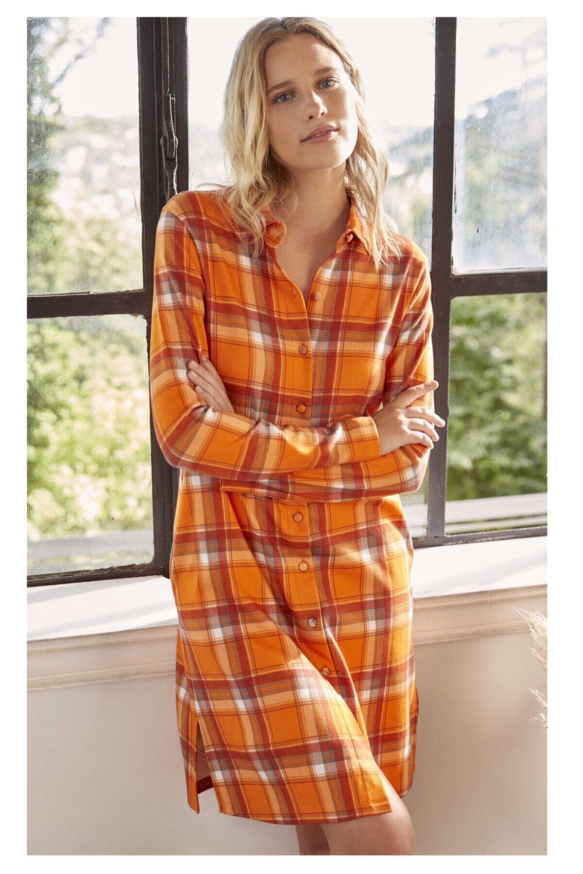 Eros Pijama Kadın Tarçın Kareli Gömlek Gecelik Esk27562