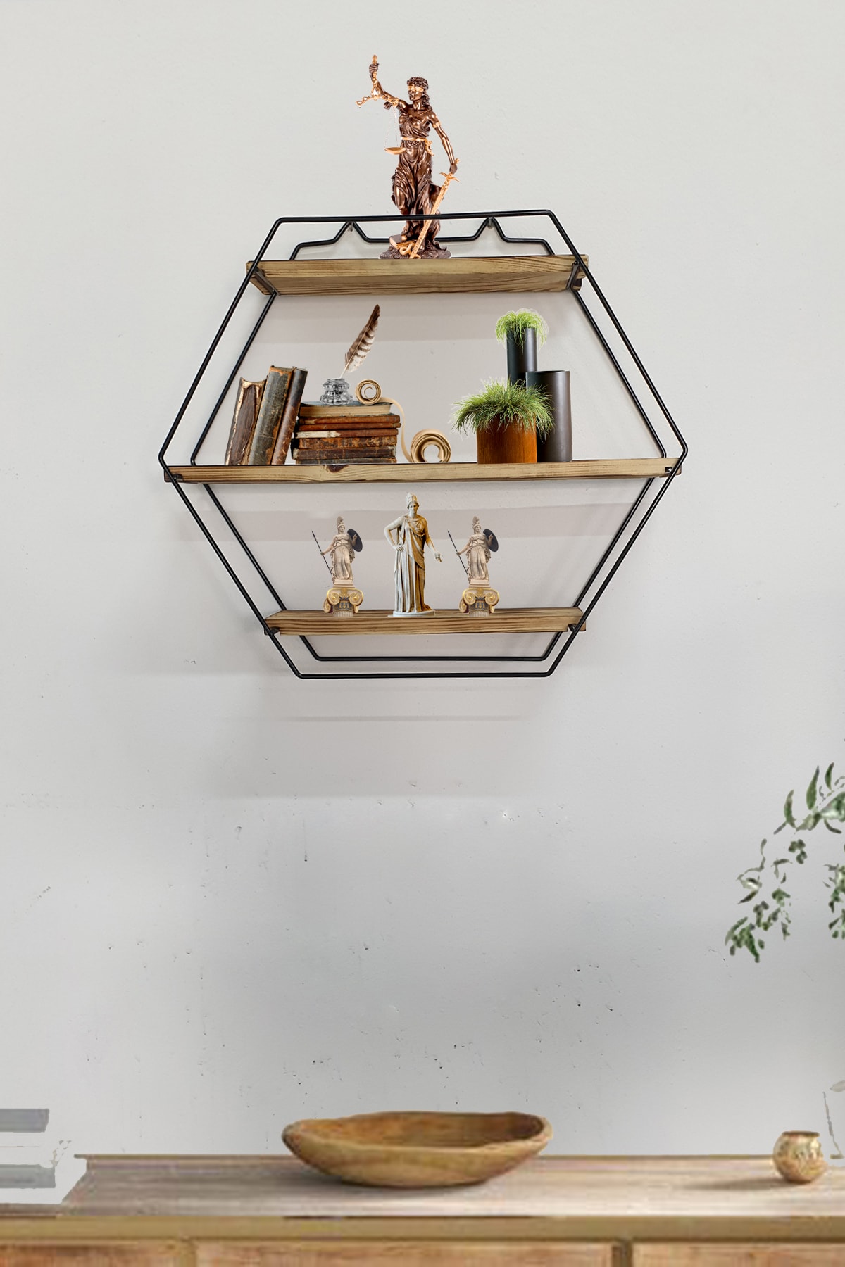 3art Metal Doğal Ahşap Duvar Rafı, 3 Katlı Altıgen Metal Duvar Rafı, Kitaplık, Saksılık, Banyo, Mutfak, Salon