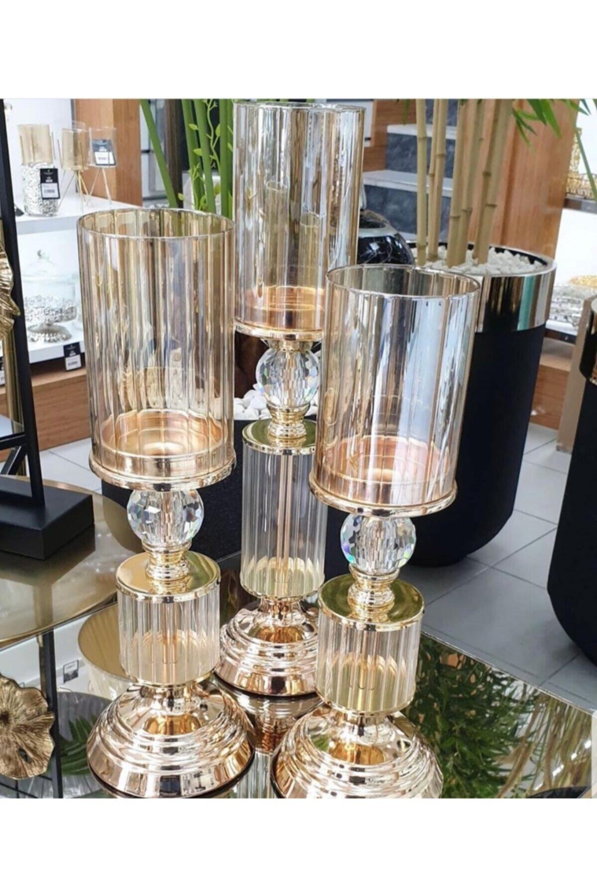 Akan 3'lü Cam Amber Renk Dekoratif Şamdan Mumluk