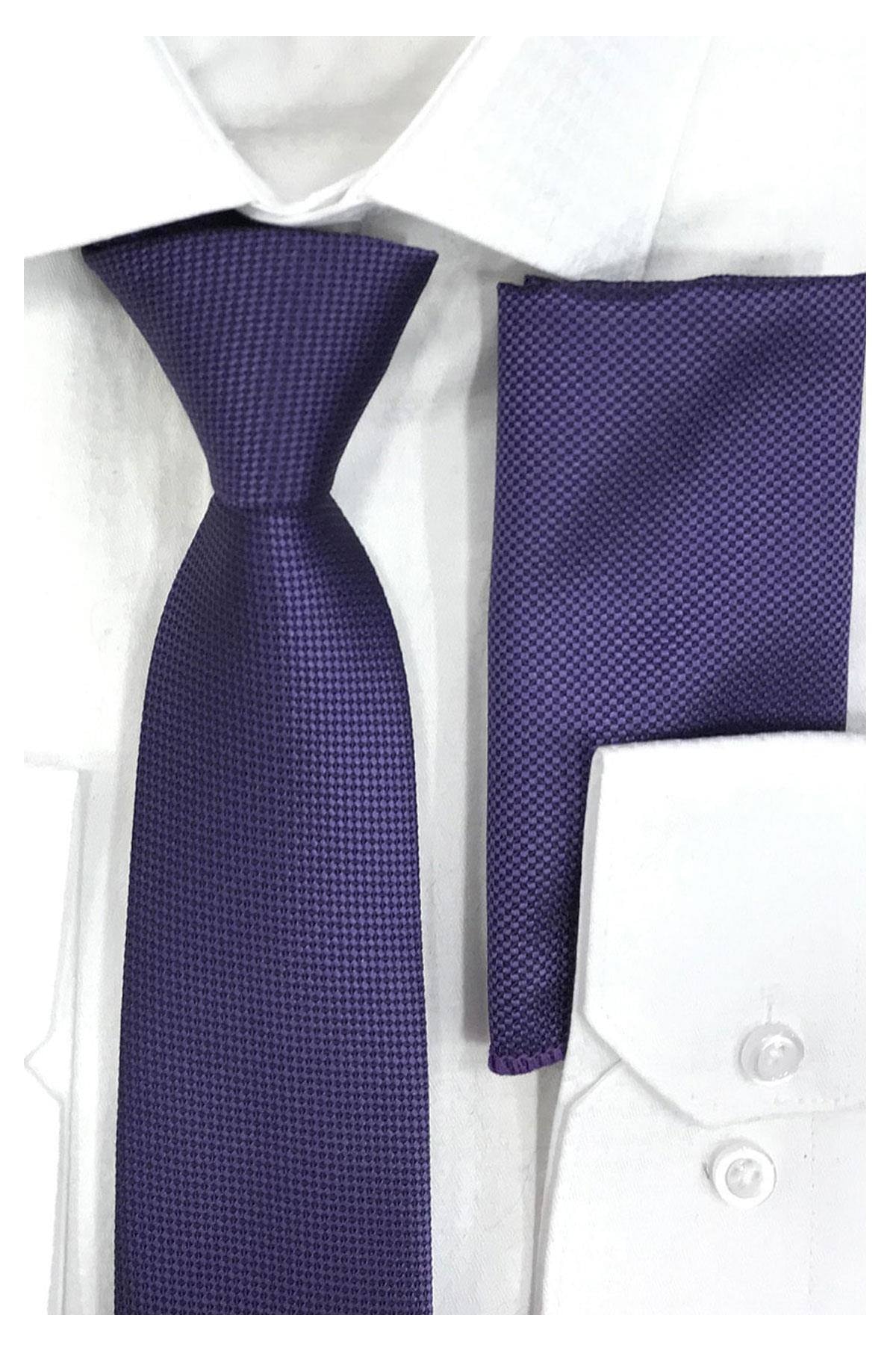 JAKSTONE Erkek Koyu Lila Mikrofiber Mendilli Ince Kravat