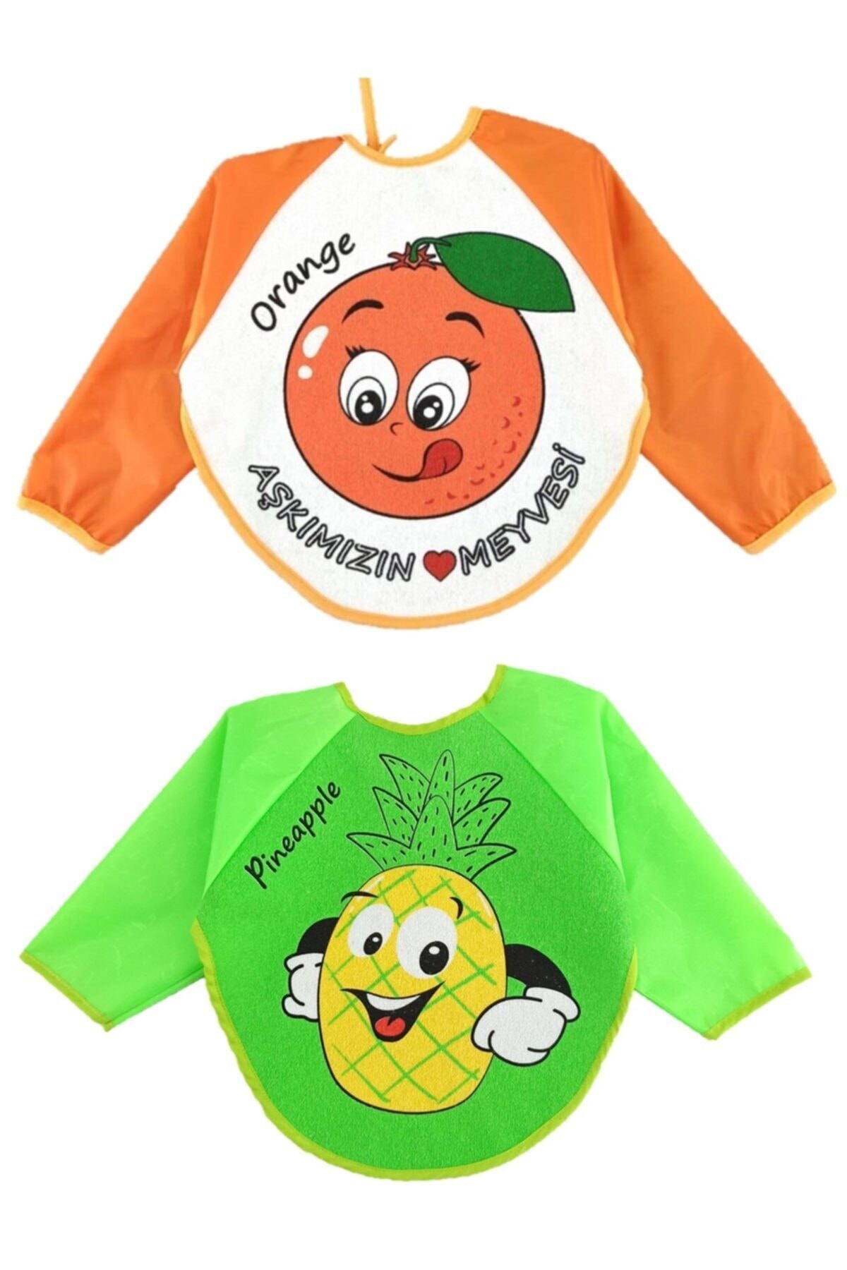 Aydınlar 2 Adet Portakal Aşkımızın - Ananas Desenli Kollu Su Geçirmez Bebek Mama Önlüğü