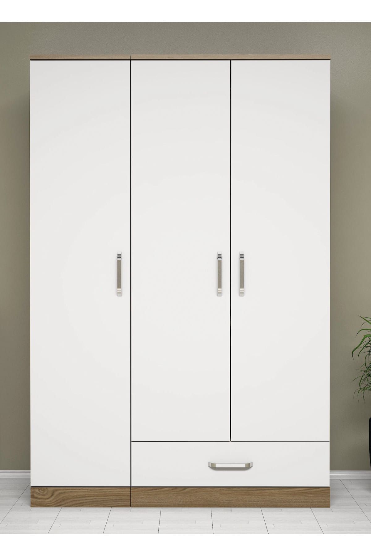 Bimossa K3135 Gardrop 3 Kapılı Tek Çekmeceli Askılı Elbise Dolabı Ceviz Beyaz