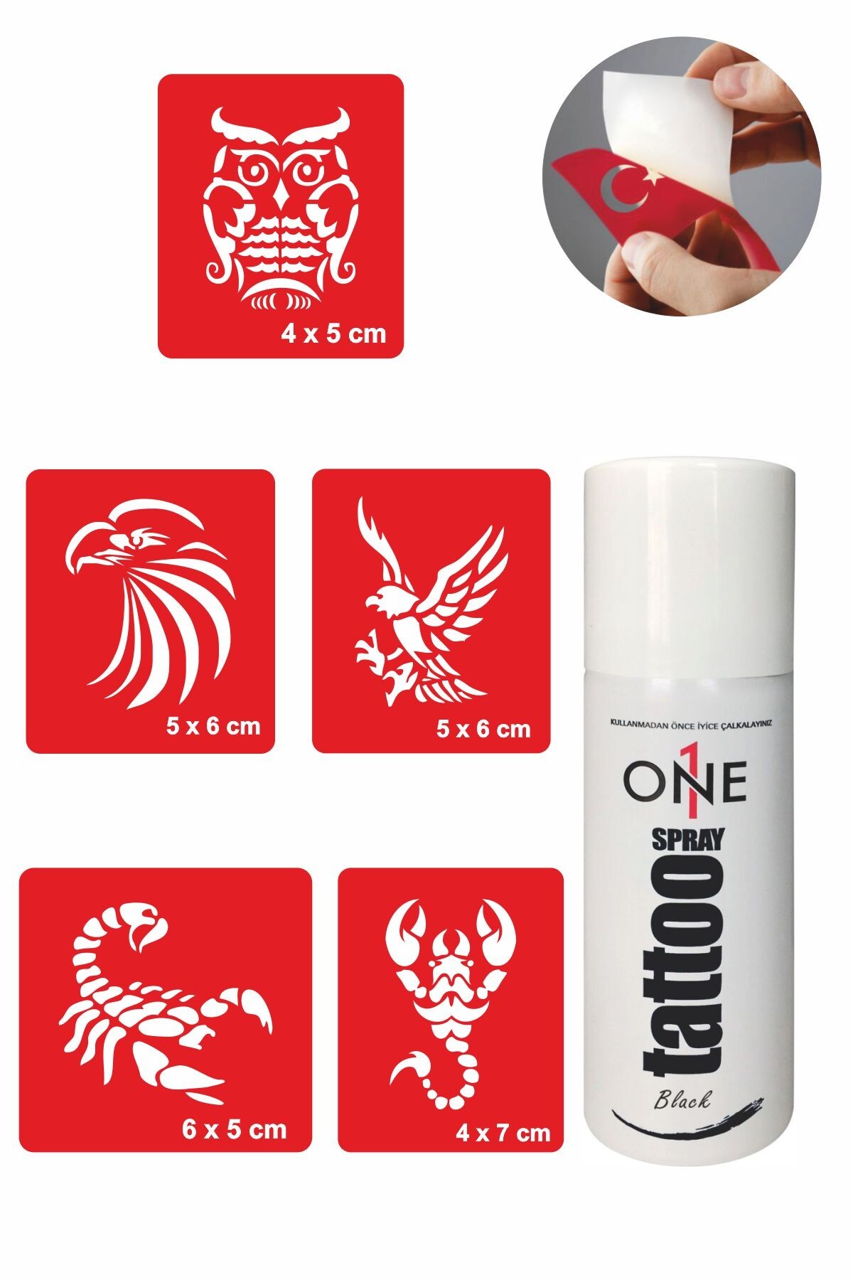 ONE SPRAY TATTOO Akrep Kartal Dövmesi Geçici Dövme Seti Siyah Sprey Ve 5 Desen