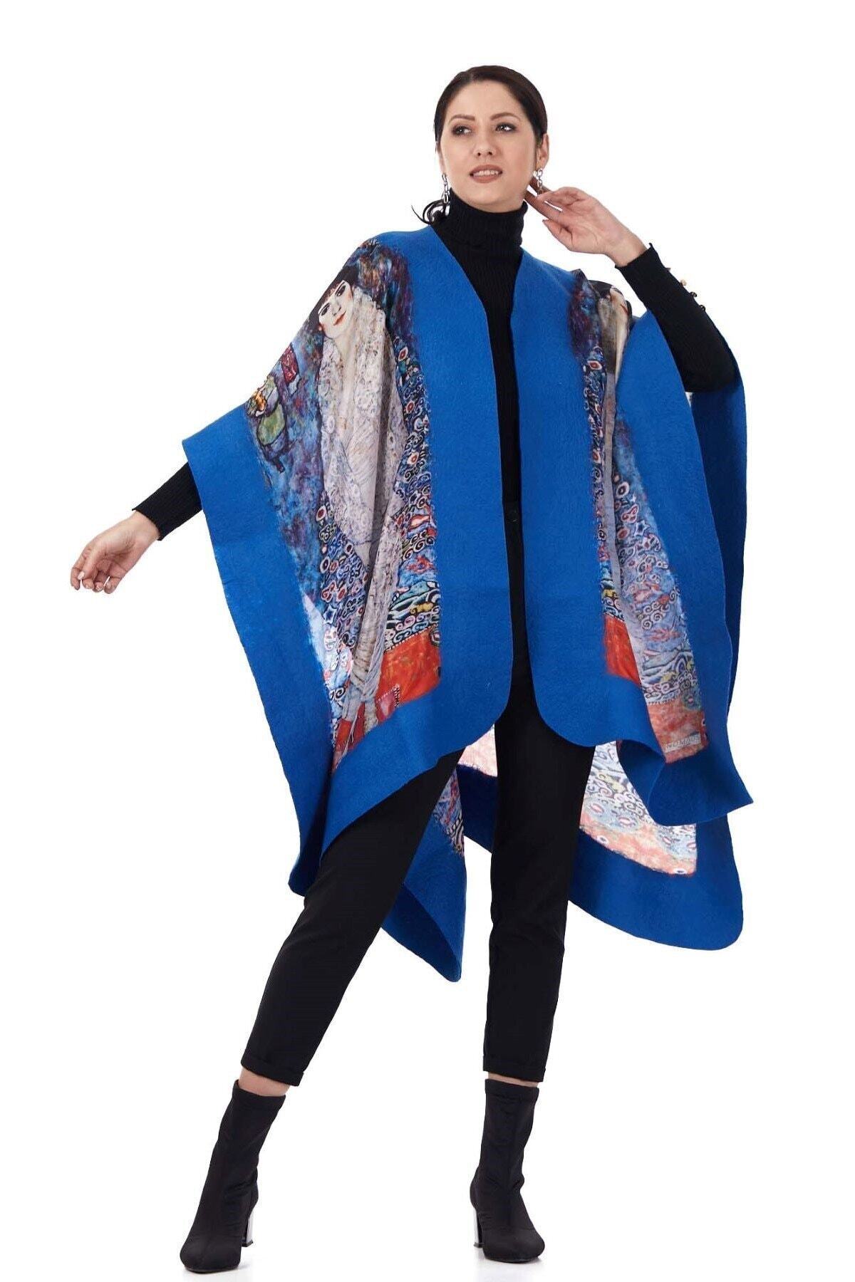 Nomads Felt Kadın Ipek Keçe Mavi Panço Gustav Klimt Barones Elisabeth