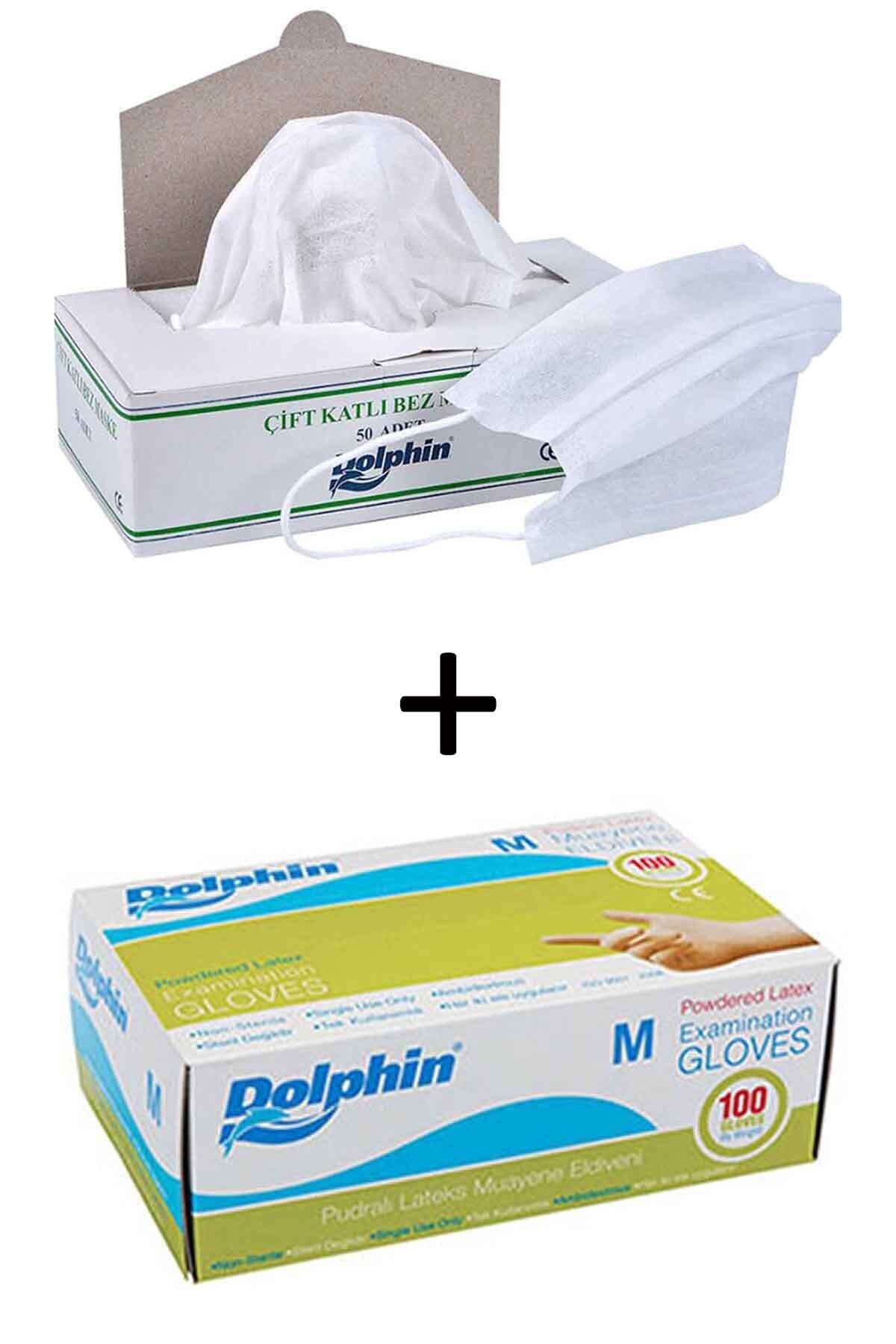 Dolphin Pudralı Lateks Eldiven (m) + Çift Katlı Bez Maske Seti 150 Parça