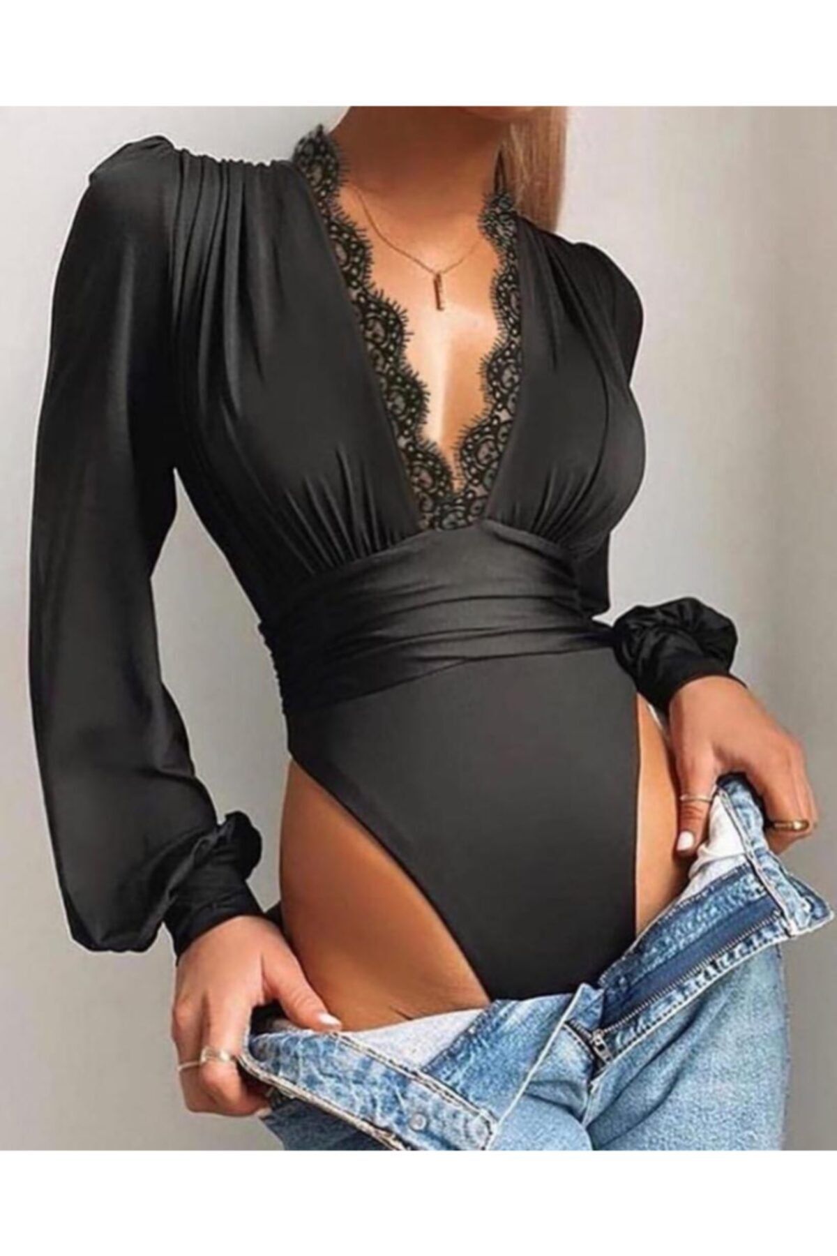 Melanj Dantel Detay Body Suit
