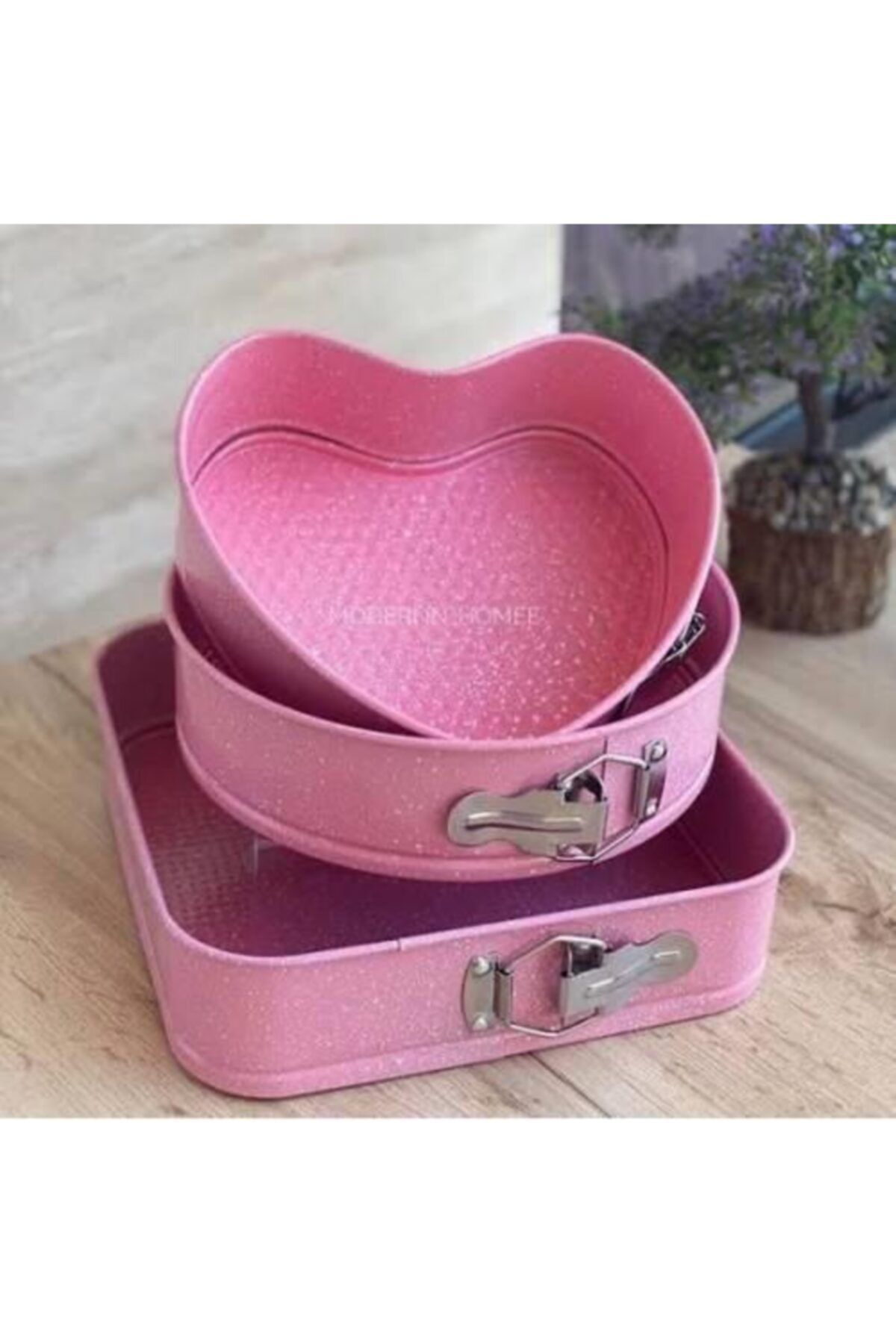 Trend Dünyam Pembe  Kelepçeli Kalp Yuvarlak Kare Kek Kalıbı Seti  3'lü
