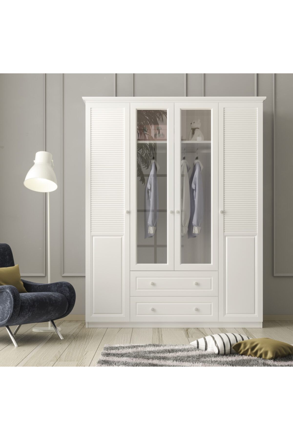 Zenio Visione 4 Kapaklı 2 Çekmeceli Camlı Gardırop - Beyaz