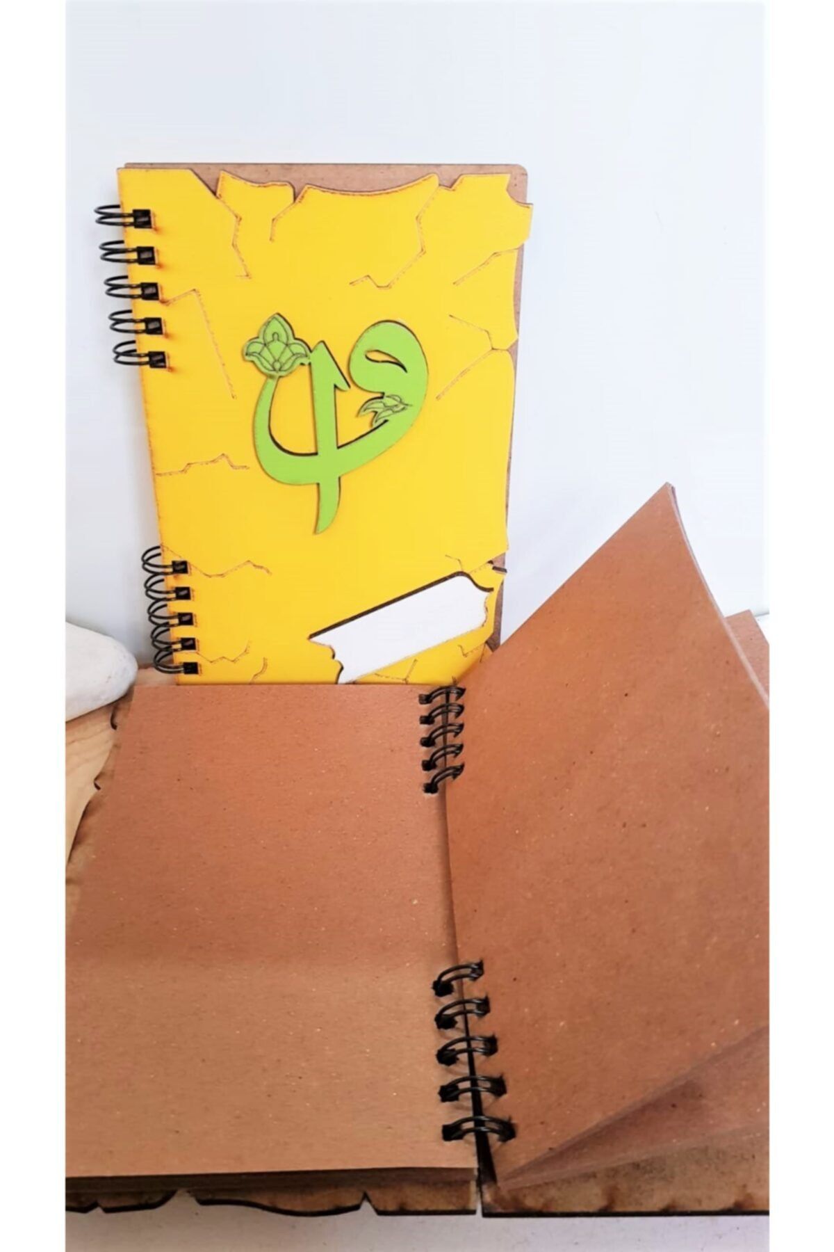 miski alem Ahşap Kapaklı Elif Vav Simgeli Defter Sarı 15×10