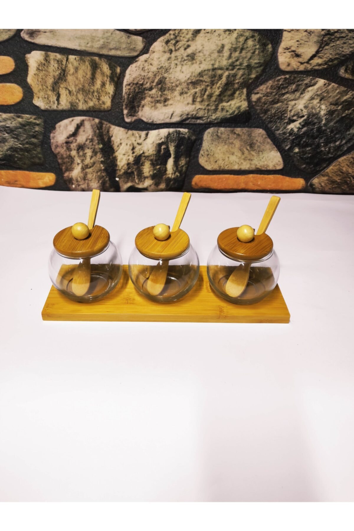 BALSA Bambu Kapaklı Küçük 3 Lü Baharat Lık.bambu Kapaklı Cam 3 Lü Küçük Baharat Lık