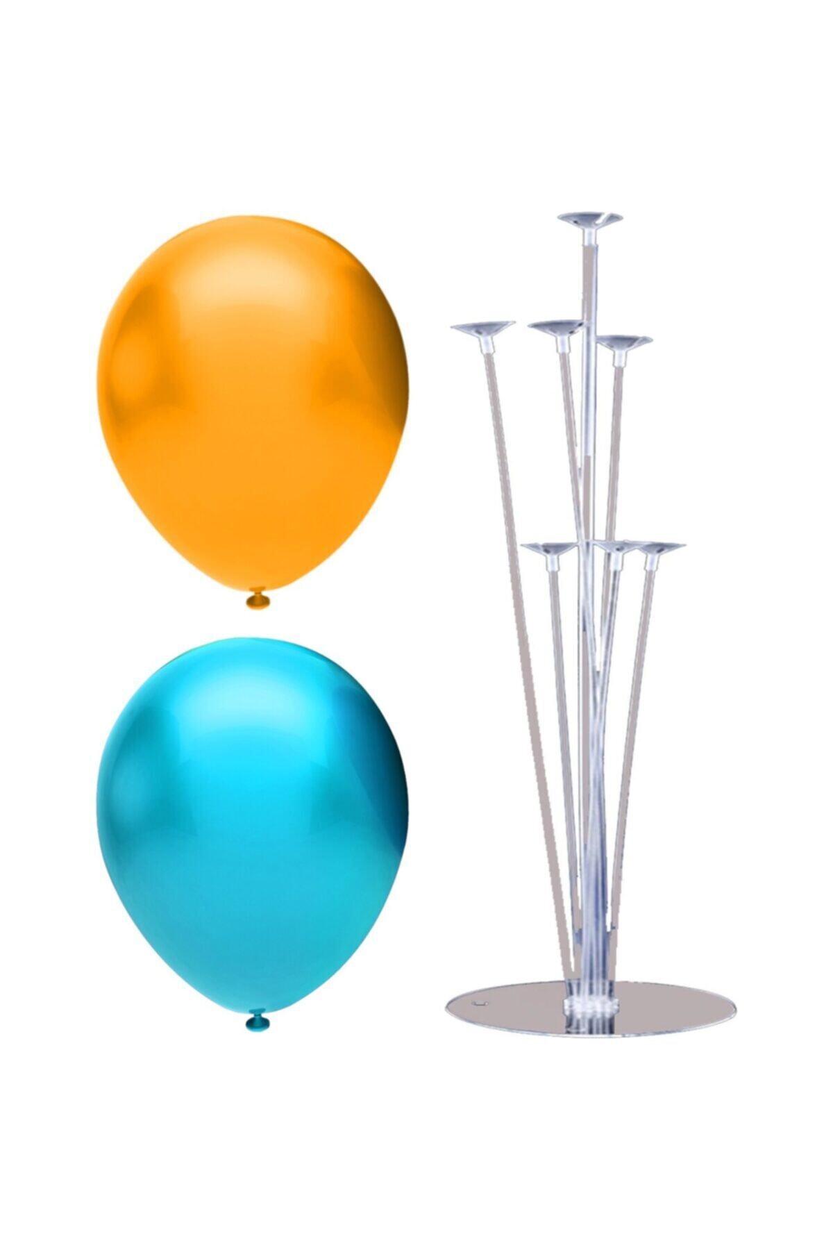 partisüs Metalik Balon 100 Adet Ve 7 Çubuklu Balon Standı Seti, 2 Renk X 50, Altın, Turkuaz