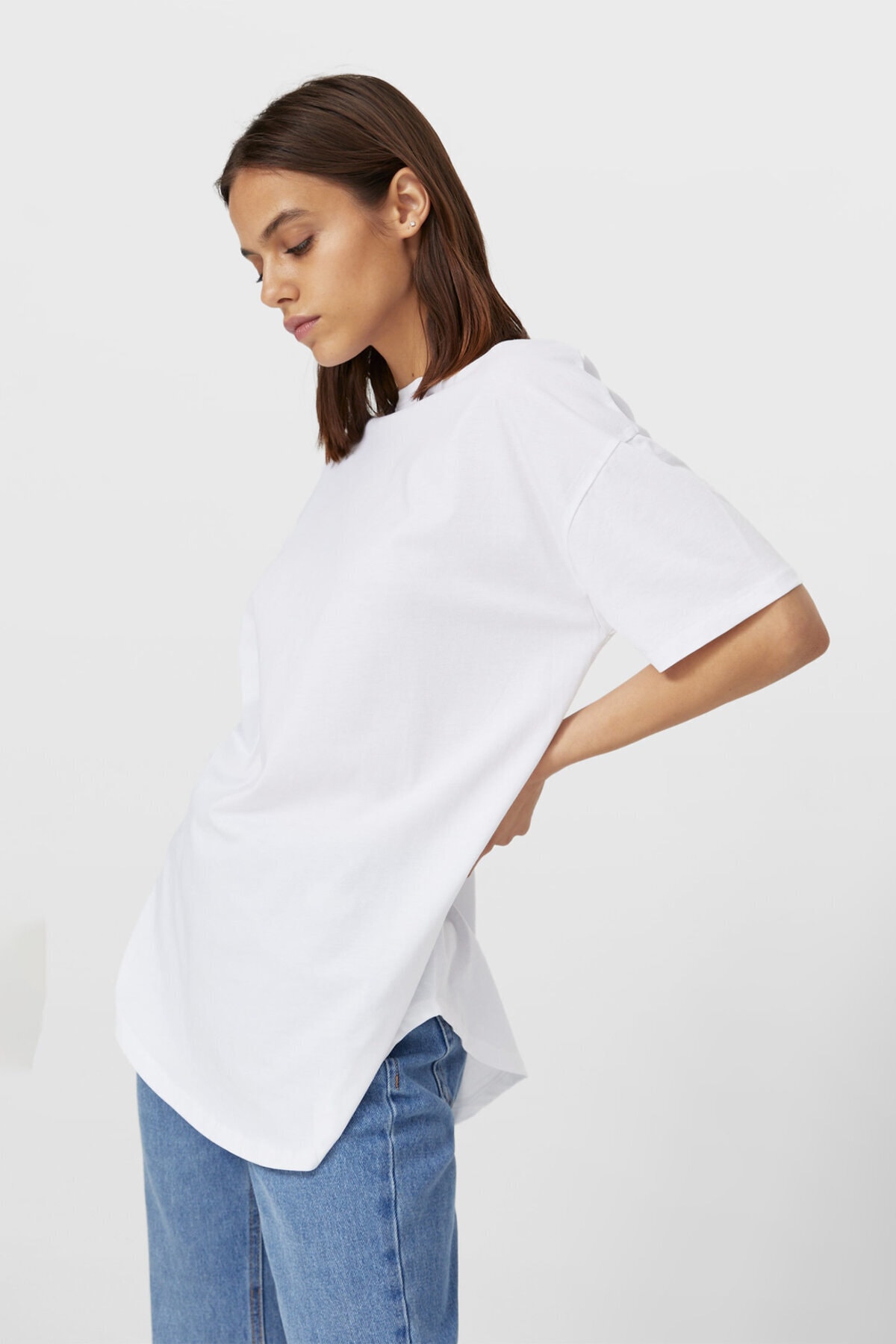 Stradivarius Kadın Beyaz Uzun Basic T-shirt