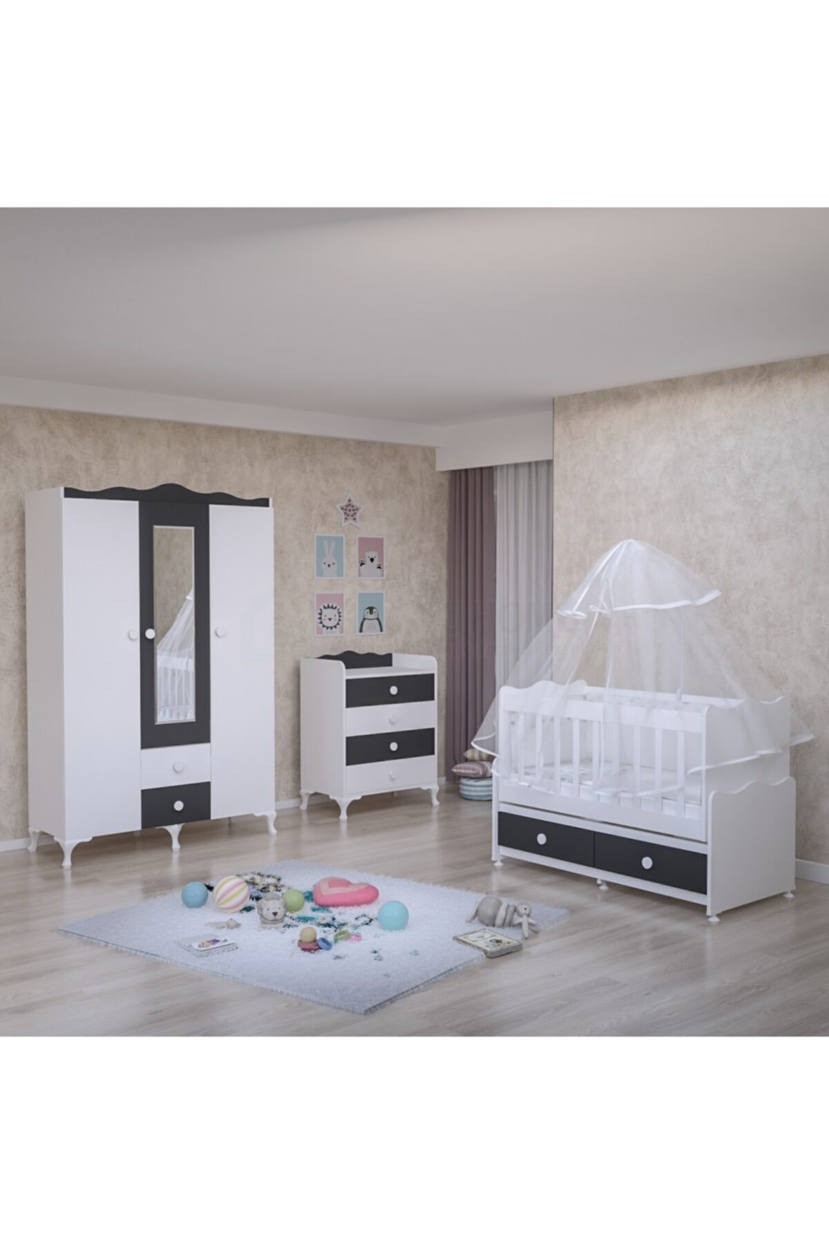 Garaj Home Elegant Gri Bebek Odası Takımı - Yatak Ve Uyku Seti Kombinli- Uykuseti Krem