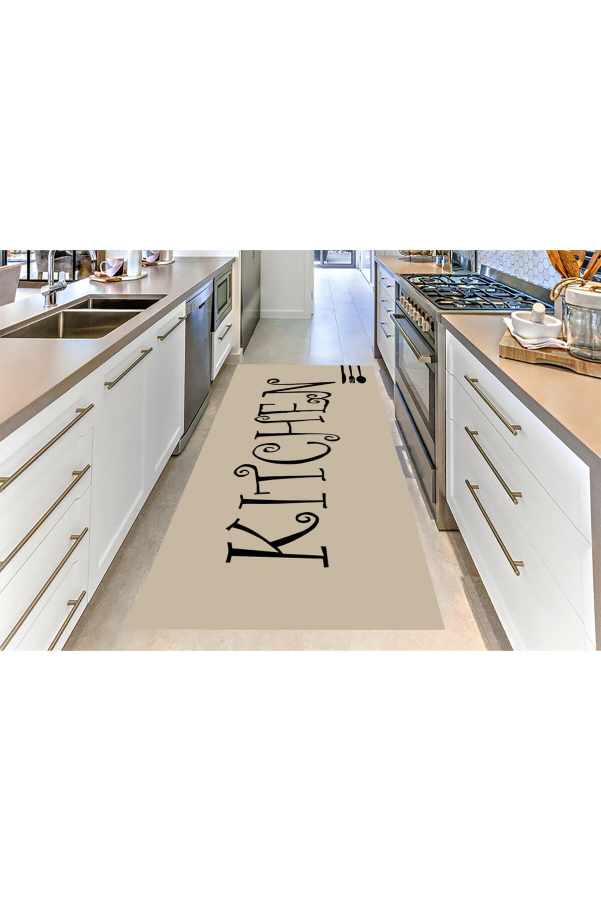 CARİA HOME Krem Zemin Kitchen Kenar Çatal Kaşık Desenli Mutfak Halısı