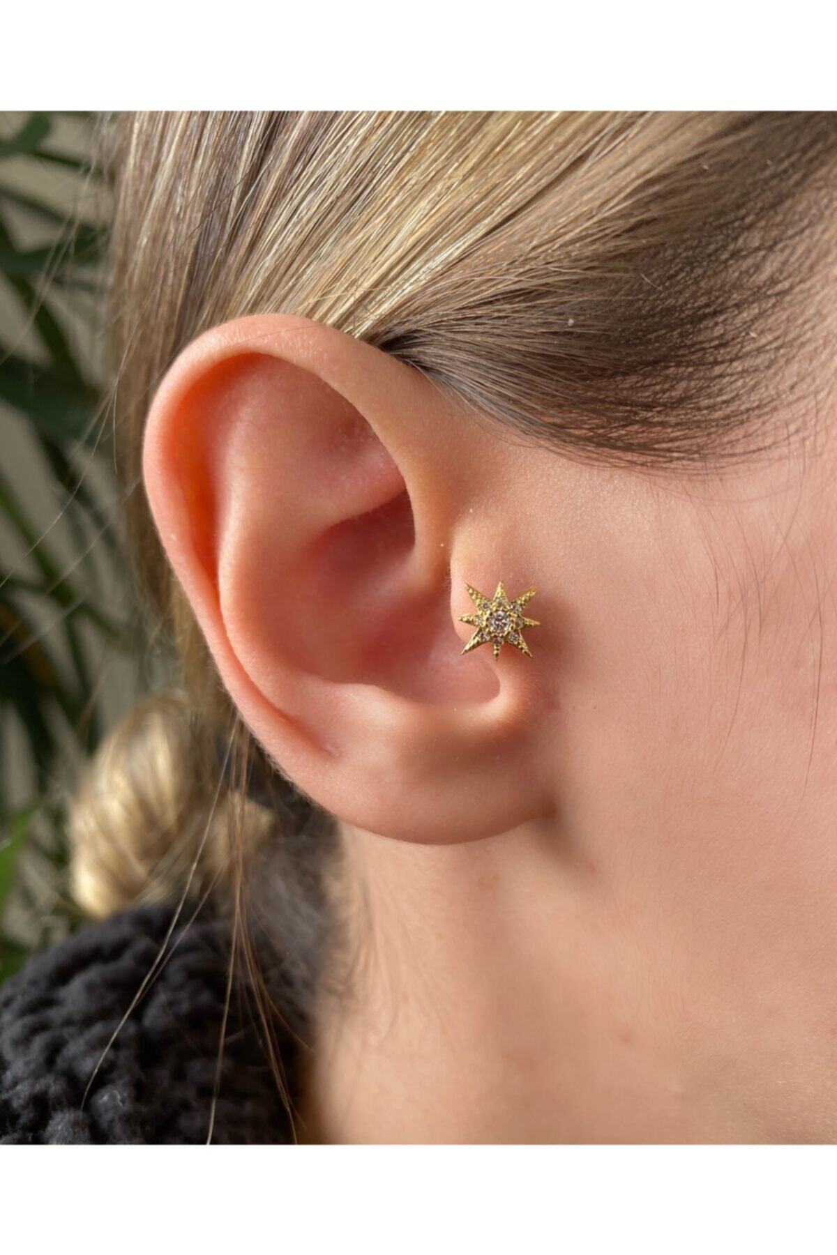 Okkostore Kadın Gold Cerrahi Çelik Yıldız Tragus Kıkırdak Piercing 6mm