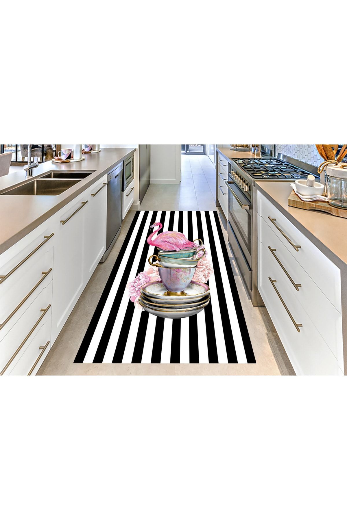 CARİA HOME Çizgili Fincanlı Flamingo Desenli Mutfak Halısı
