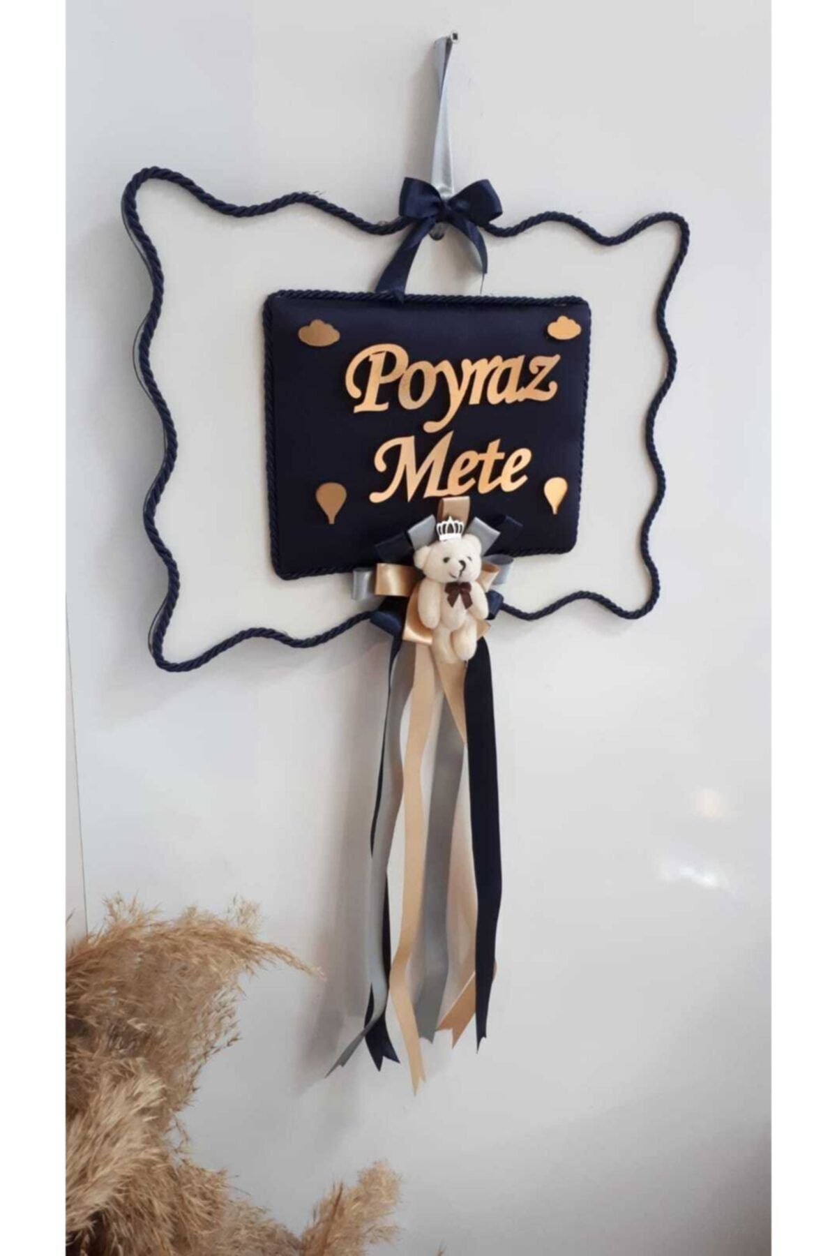 ARMAGAN BEBEK NİKAH ŞEKERİ Bebek Kapı Süsü Ahşap Kumaşlı Lacivert