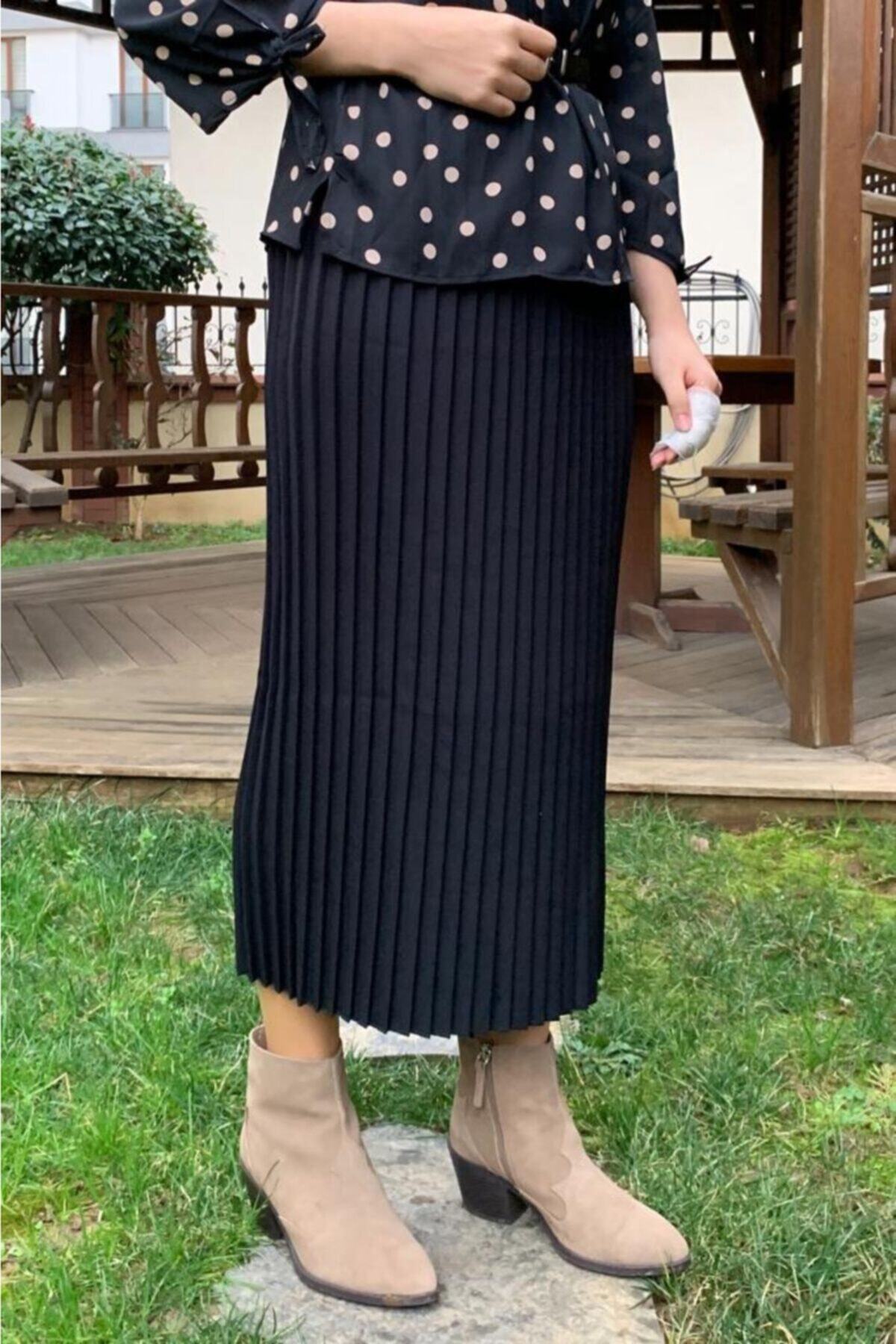 cember Kadın Siyah Double Krep Piliseli Kalem Etek 10201