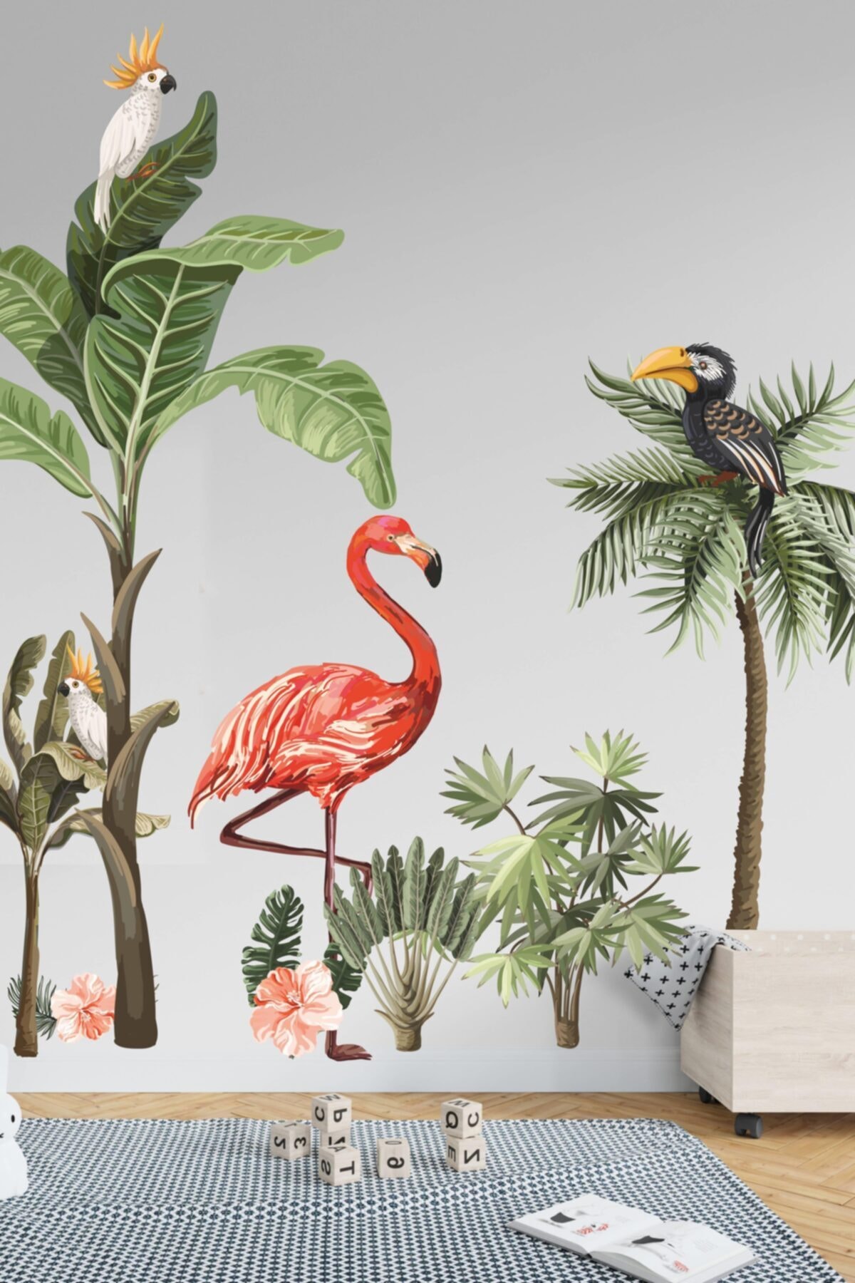 MSticker Flamingo Ve Kuşlar Safari Tropikal Hayvanlar Ve Ağaçlar Çocuk Bebek Odası Duvar Sticker