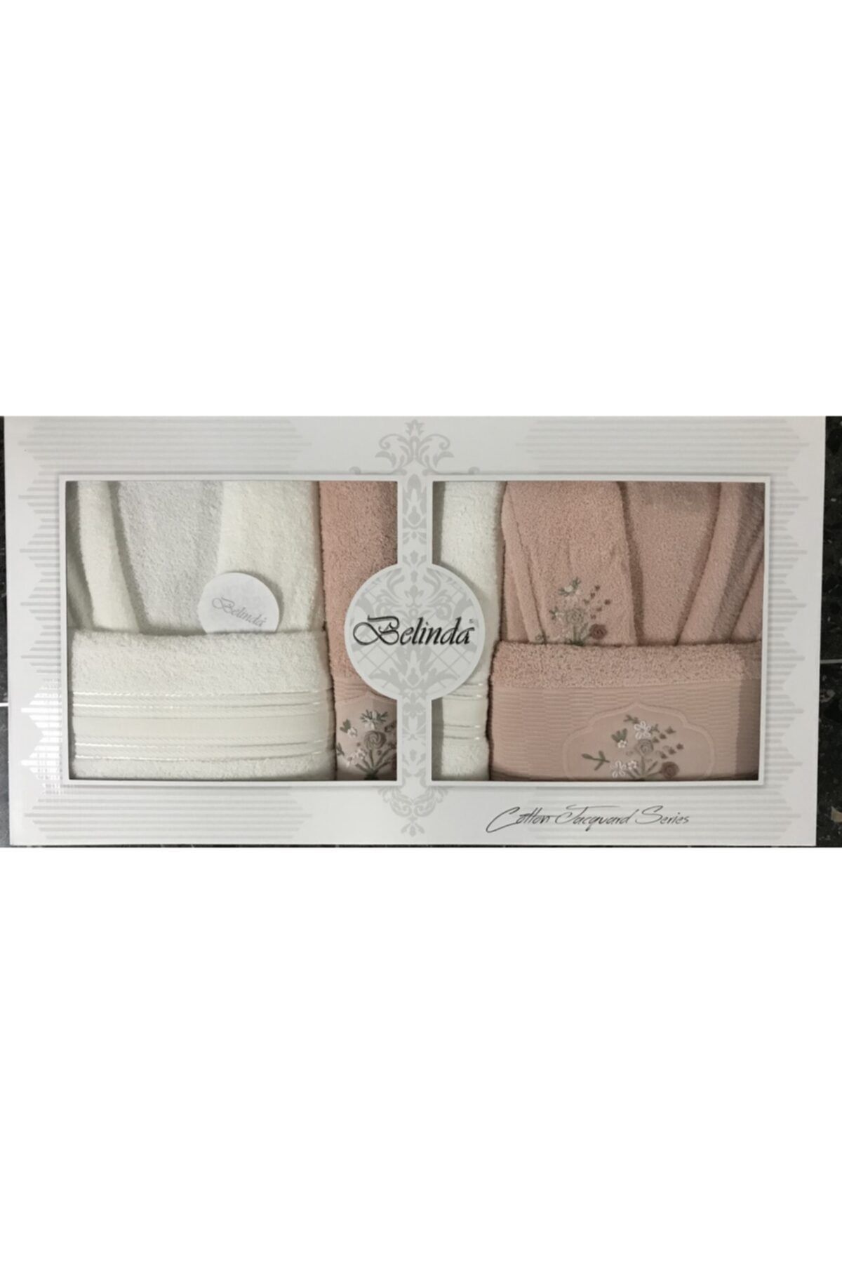 BELİNDA Unisex Pembe Beyaz Bornoz Takımı