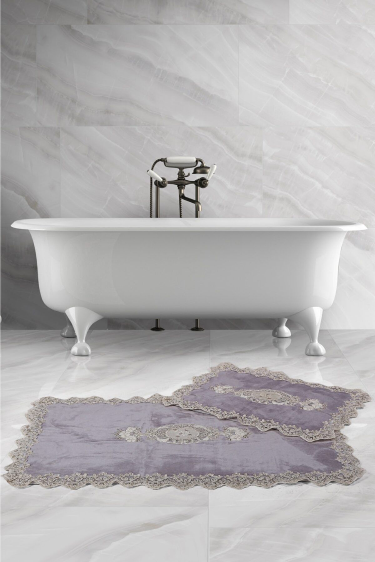 Bonny Home Lisa Köşeli Gri 2'li Fransız Güpürlü Banyo Halısı Çeyizlik Klozet Takımı Paspas Seti