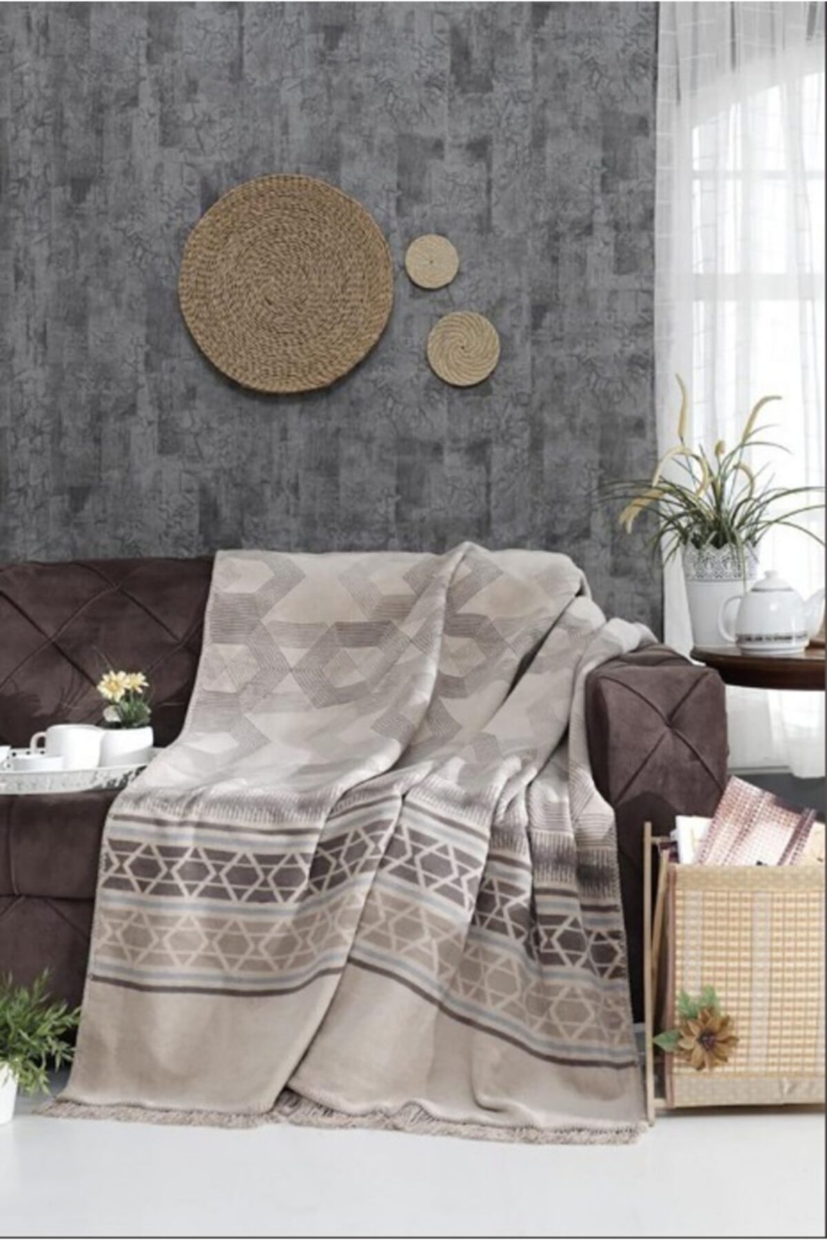 Özdilek Açık Kahve Bej Hexagon Çift Kişilik Pamuklu Battaniye 180x220