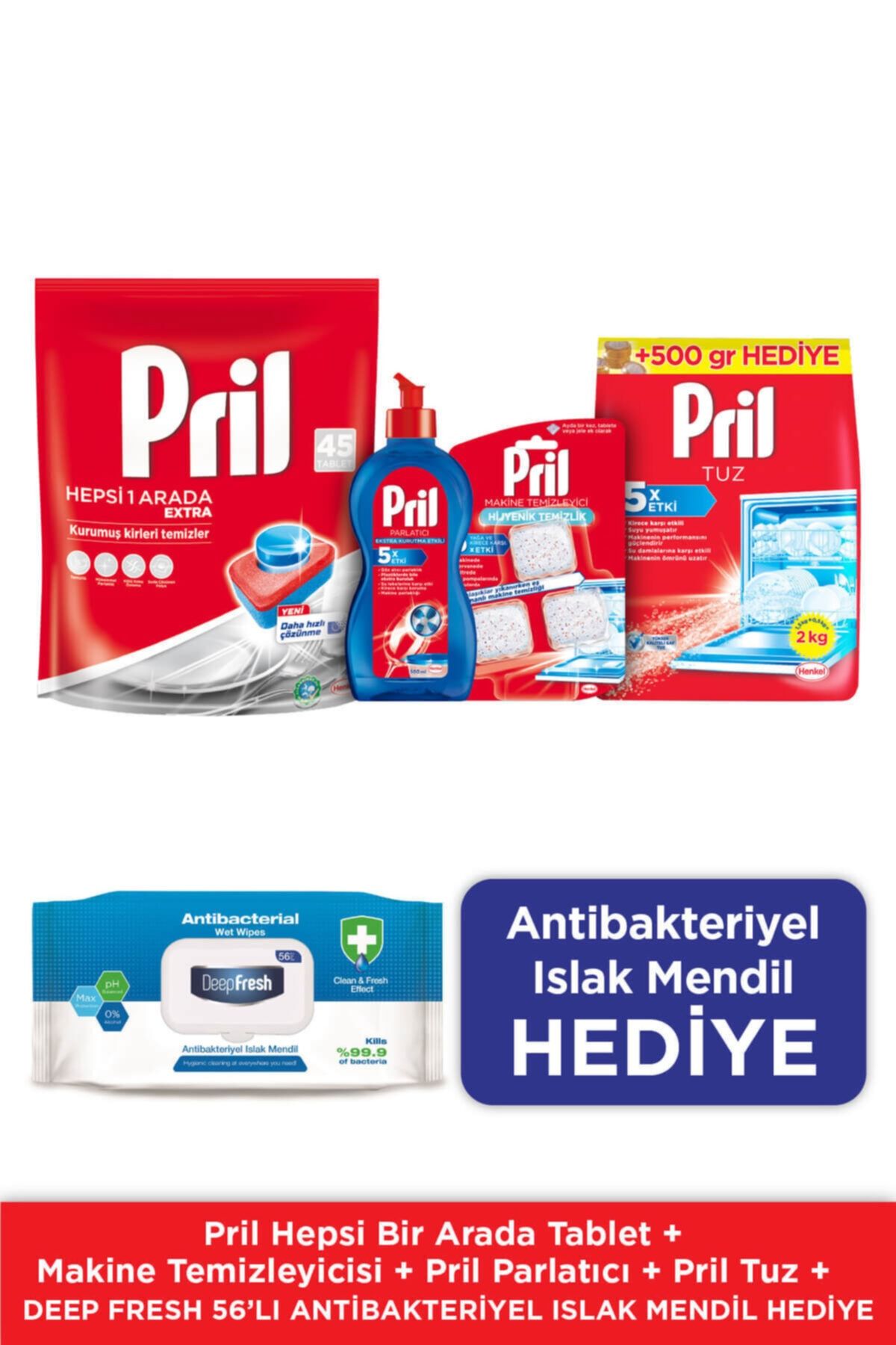 Pril Hepsi Bir Arada 45 Yıkama Bulaşık Makinesi Deterjanı + Temizlik ve Bakım Seti + Islak Mendil Hediye
