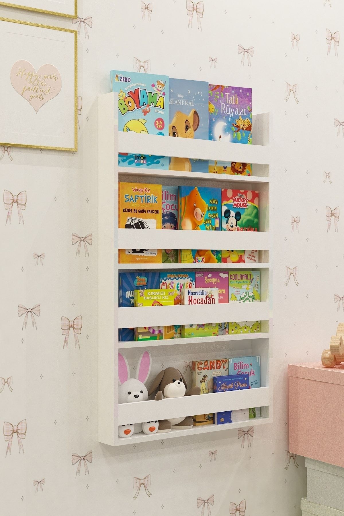 Wodi Woods Beyaz Montessori Çocuk Odası Eğitici Kitaplık 4 Raflı Bebek Odası Duvara Monte