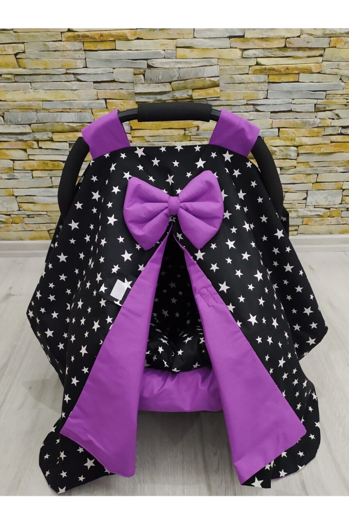 renklievimbeysehir Puset Örtüsü Set Babynest Siyah Yıldız Mürdüm